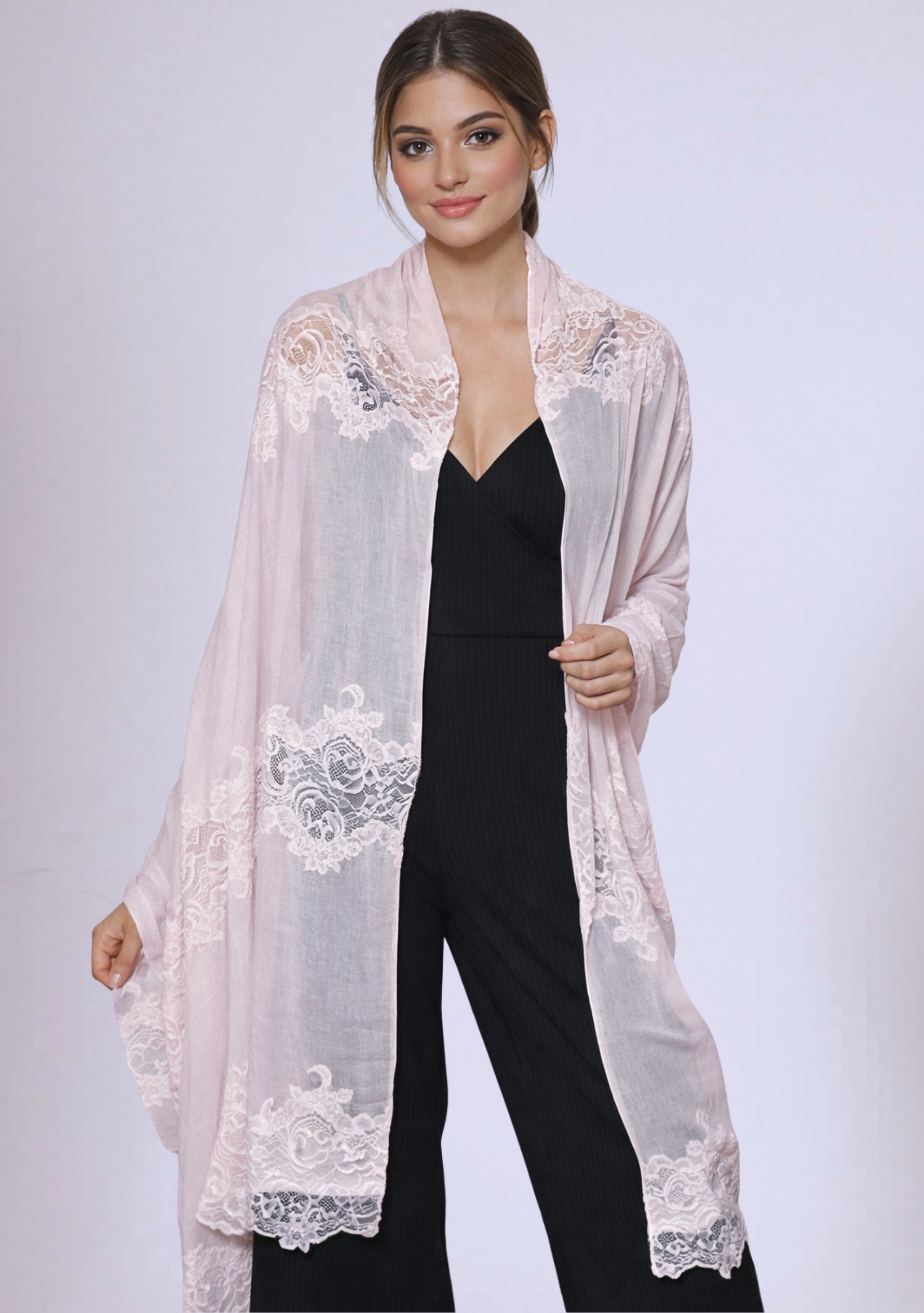 Maneesha Ruia soft pink modal silk scarf with soft pink lace panels, luxury designer wrap on female model in black outfit