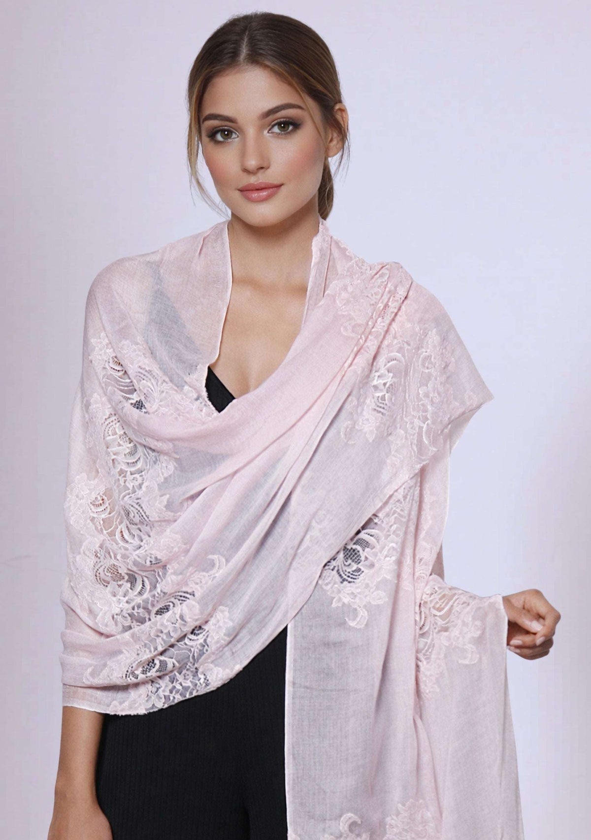 Maneesha Ruia soft pink modal silk scarf with soft pink lace panels, luxury designer wrap on female model in black outfit