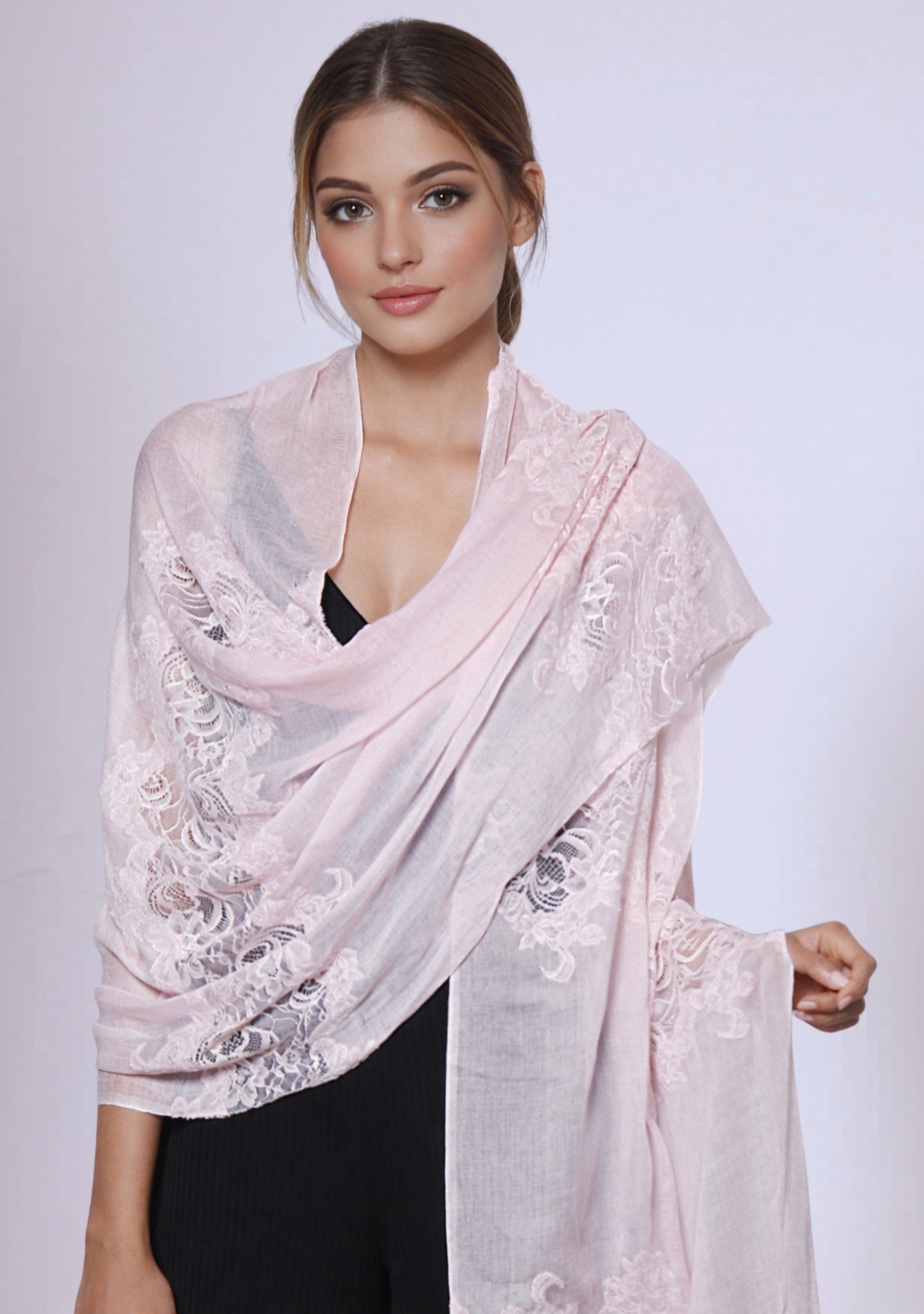 Maneesha Ruia soft pink modal silk scarf with soft pink lace panels, luxury designer wrap on female model in black outfit