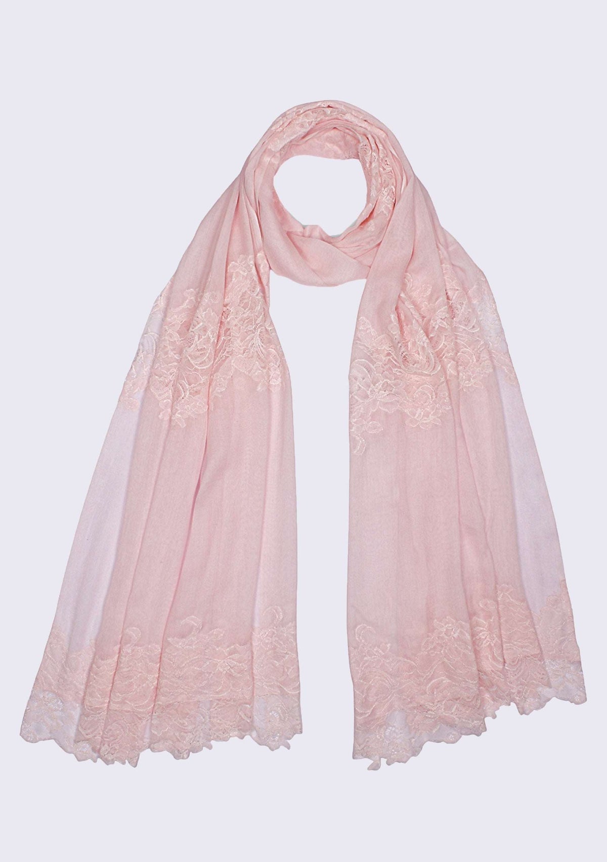 Maneesha Ruia soft pink modal silk scarf with soft pink lace panels, lightweight luxury designer scarf detail