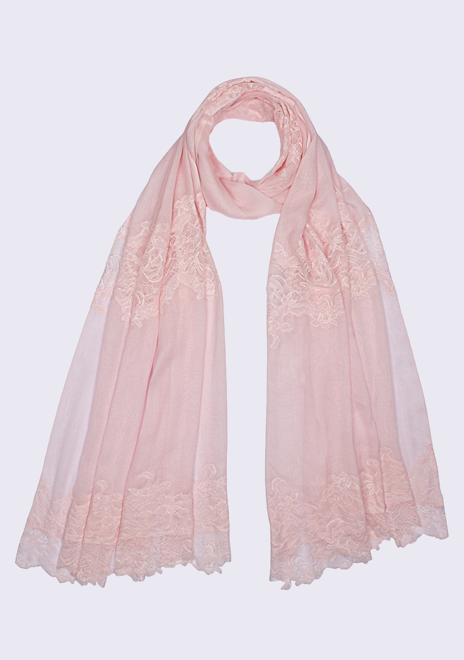 Maneesha Ruia soft pink modal silk scarf with soft pink lace panels, lightweight luxury designer scarf detail