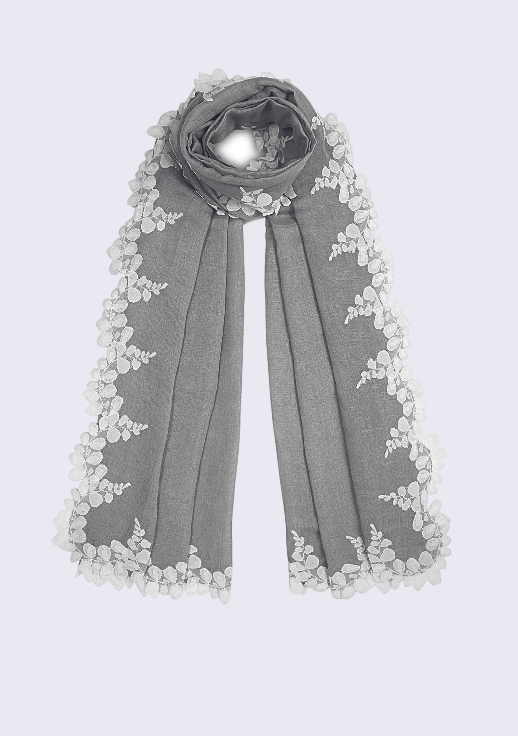 Gray scarf with floral lace edges on a light gray background