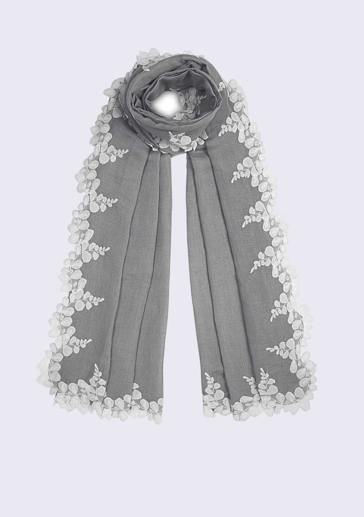 Gray scarf with floral lace edges on a light gray background