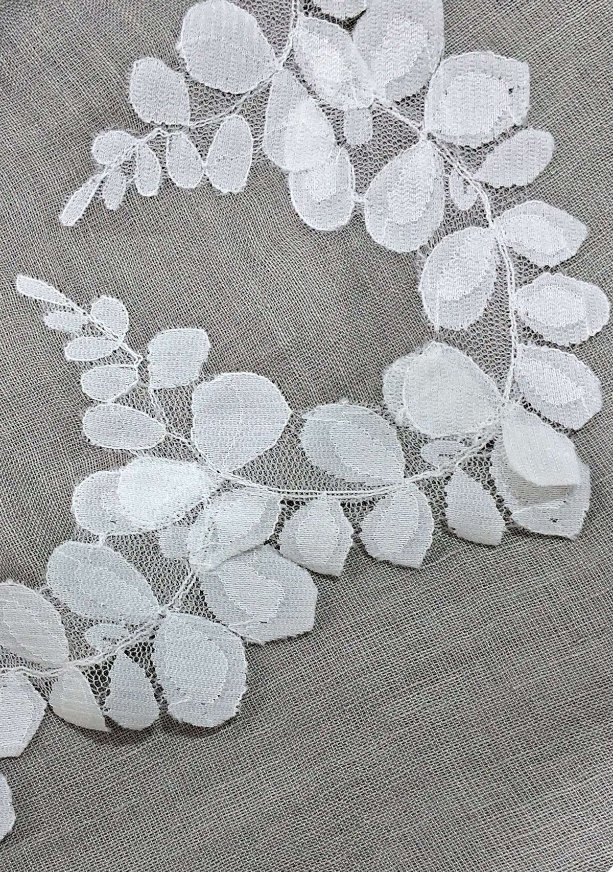 Close-up of white lace fabric with leaf patterns on a gray background