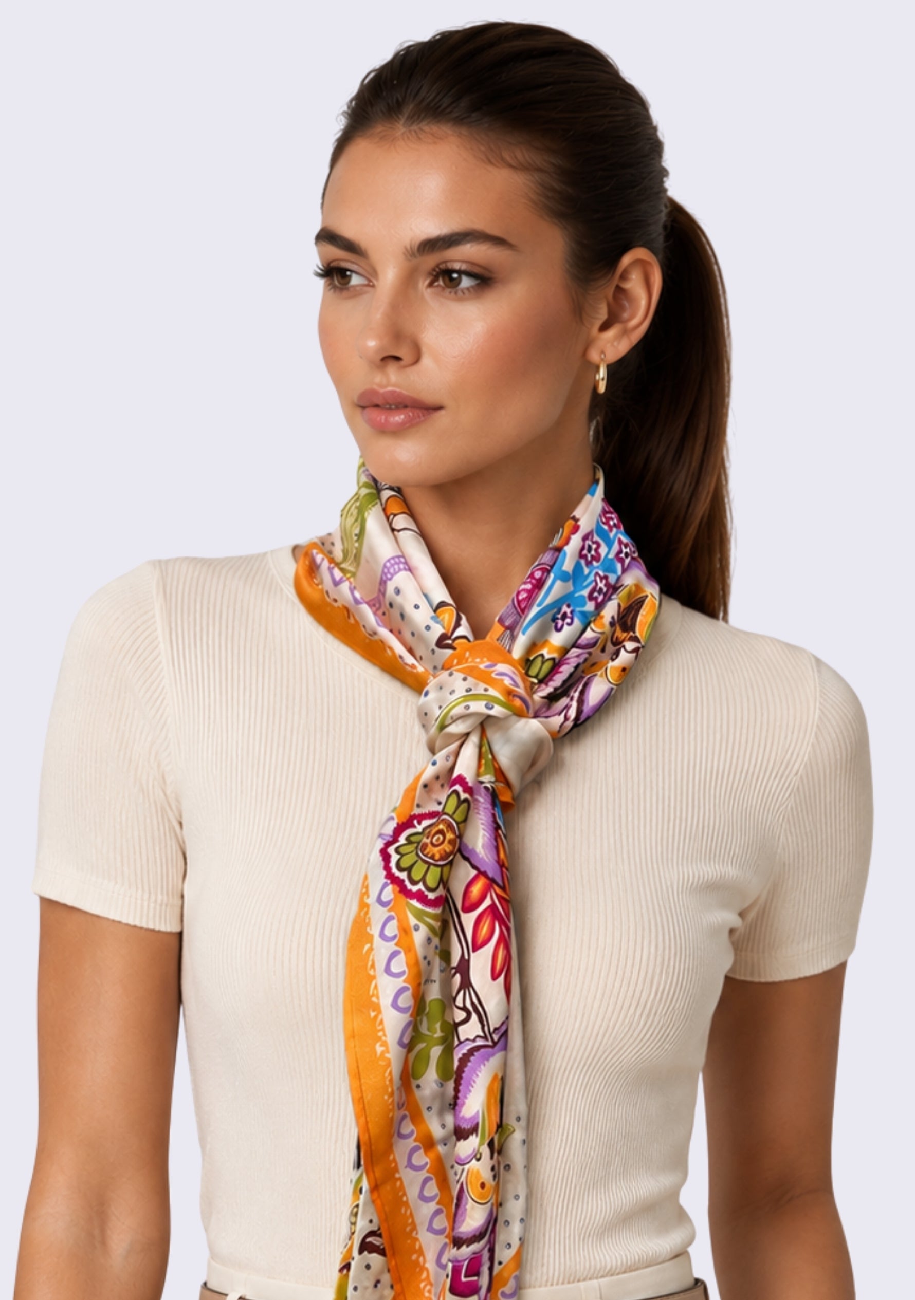 Multi Chintz Print Silk Square Scarf with Lavender Swarovski Crystals styled as a luxury silk neck scarf with an elegant ivory knit top.