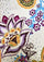 Close-up of the Multi Chintz Print Silk Square Scarf featuring lavender Swarovski crystals, vibrant floral print, and luxurious silk fabric.