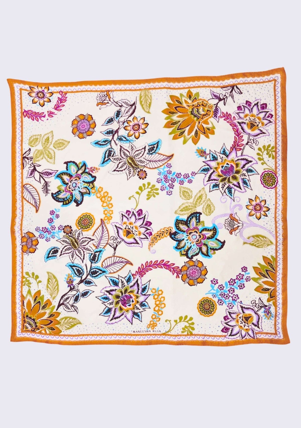Multi Chintz Print Silk Square Scarf with Lavender Swarovski Crystals featuring a vibrant floral print on luxurious silk.