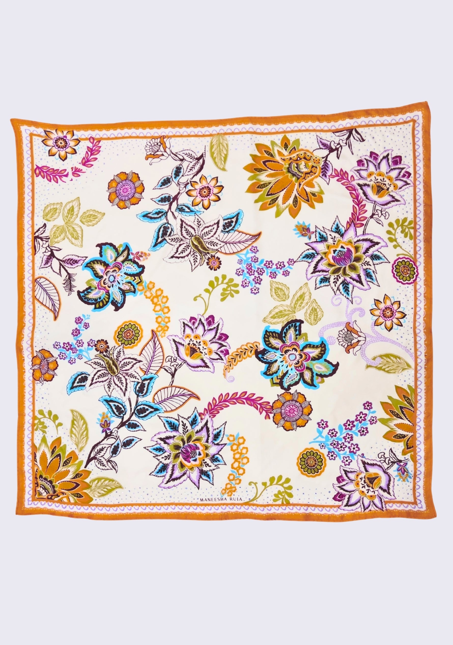 Multi Chintz Print Silk Square Scarf with Lavender Swarovski Crystals featuring a vibrant floral print on luxurious silk.
