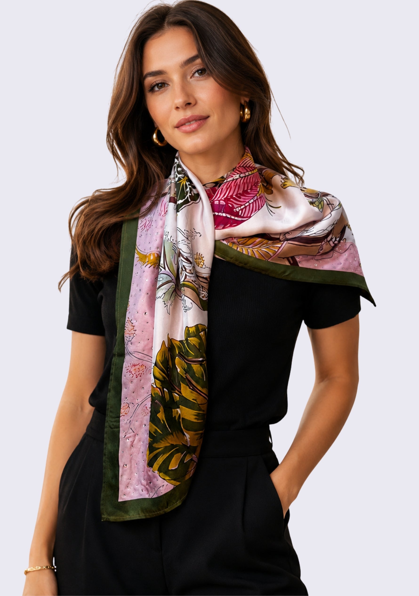 Multi-colored Jacobean Print Silk Scarf with Pink Swarovski Crystals styled as a luxury silk neck scarf with an elegant black outfit.