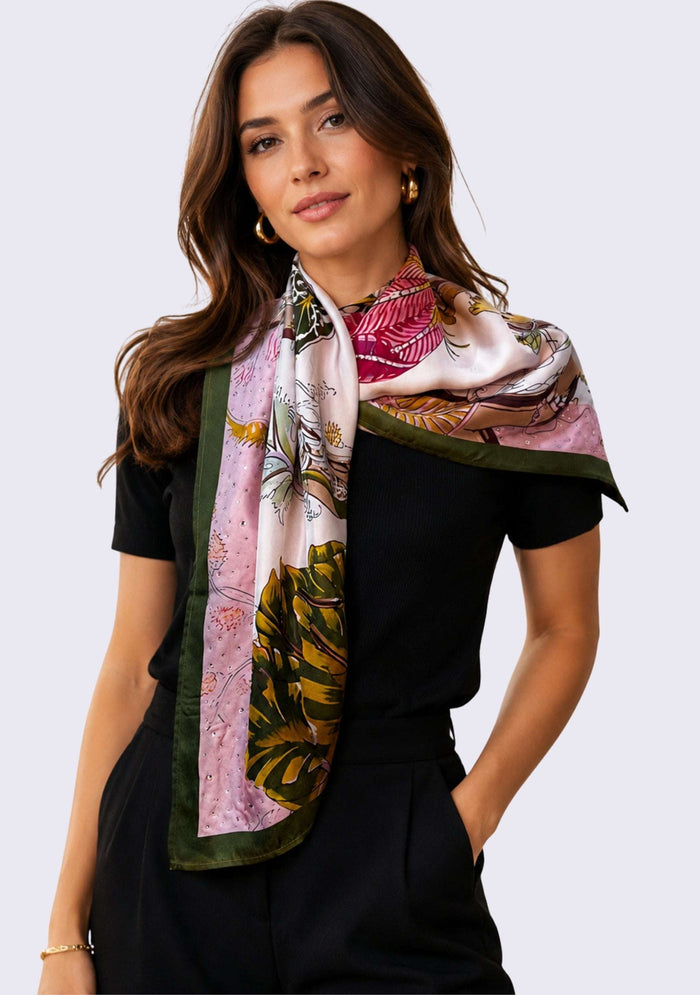 Multi-colored Jacobean Print Silk Scarf with Pink Swarovski Crystals styled as a luxury silk neck scarf with an elegant black outfit.