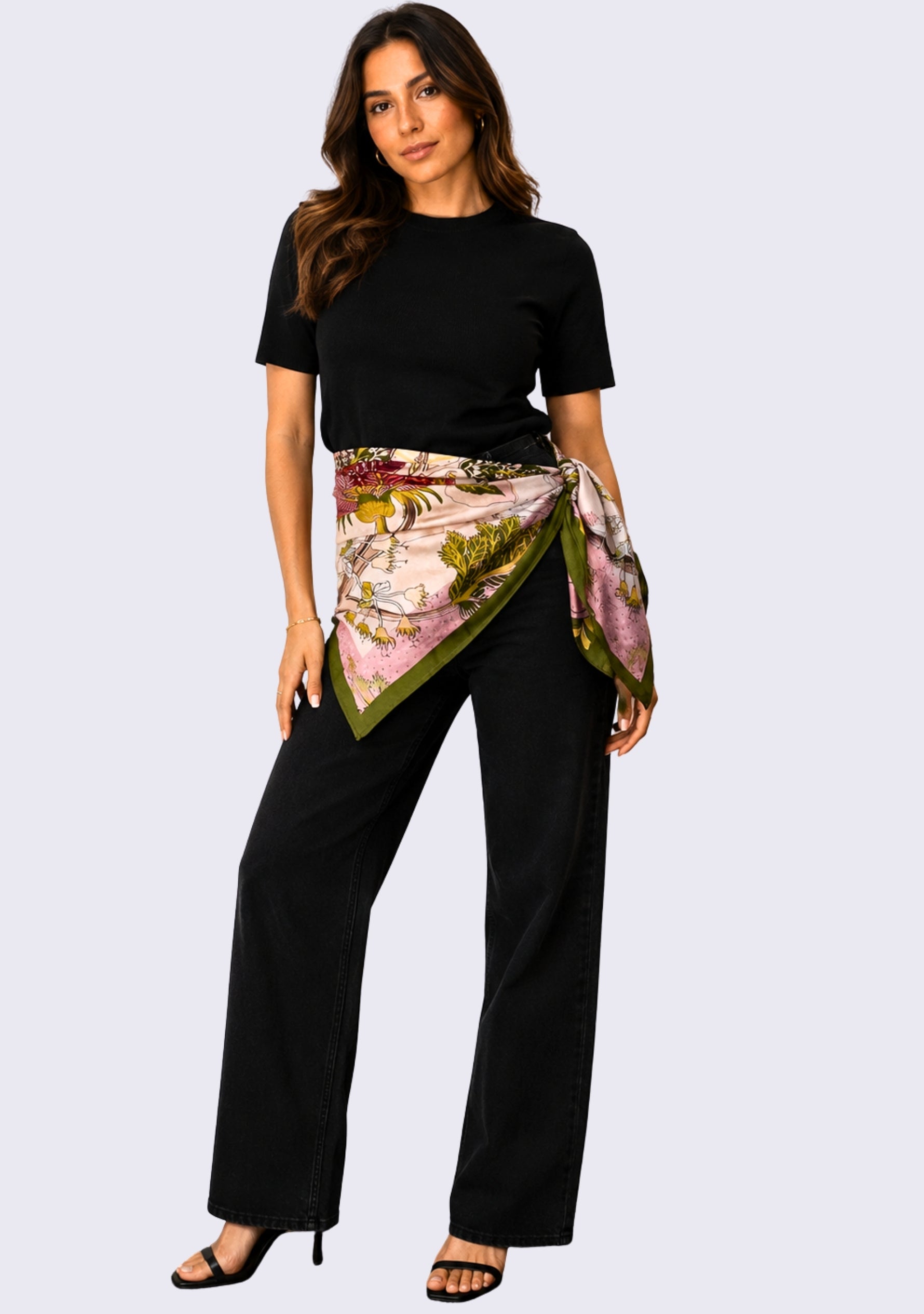 Multi-colored Jacobean Print Silk Scarf with Pink Swarovski Crystals styled as a luxury silk waist scarf with an elegant black outfit.