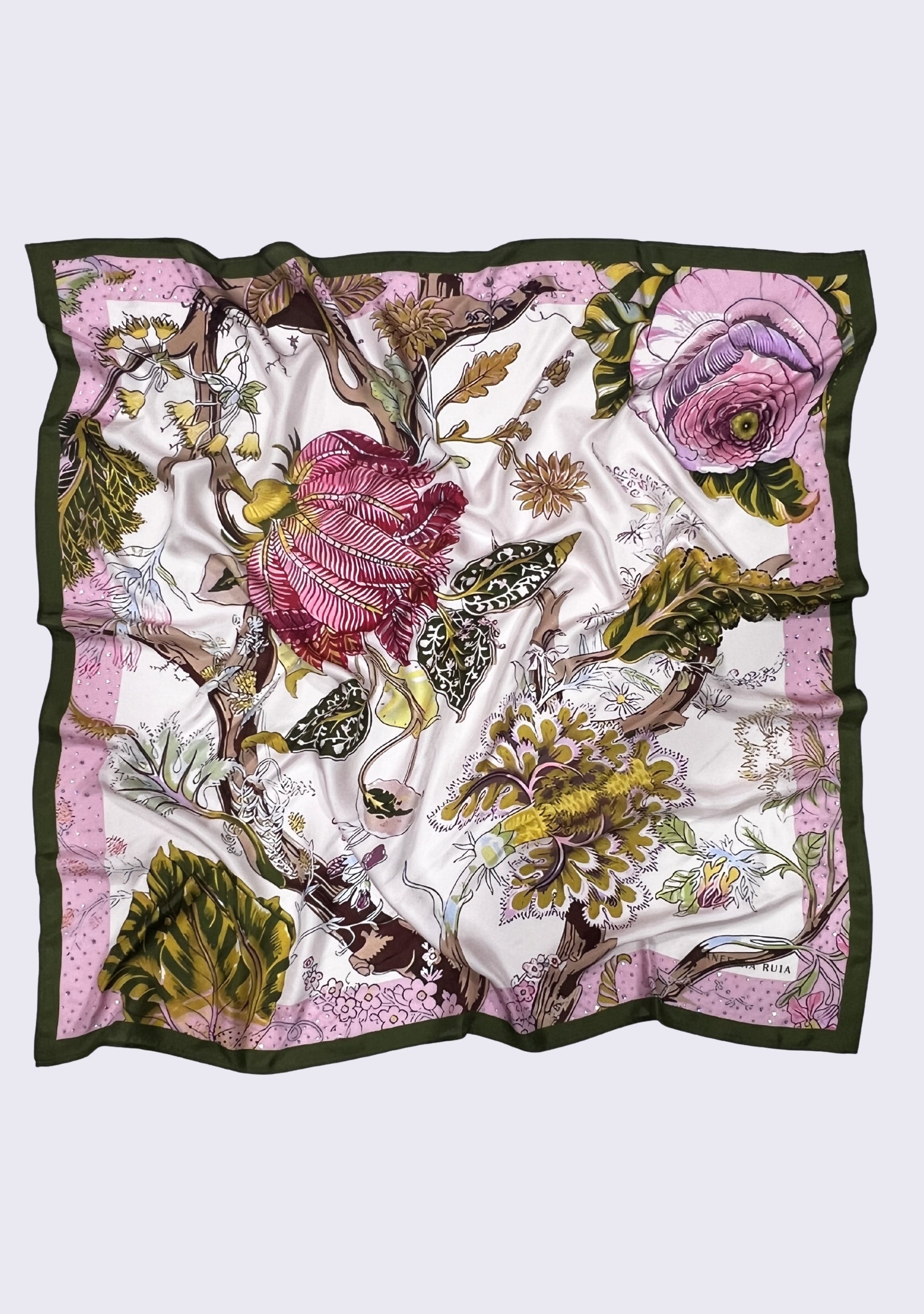 Multi-colored Jacobean Print Silk Scarf with Pink Swarovski Crystals featuring a botanical floral print on luxurious silk.