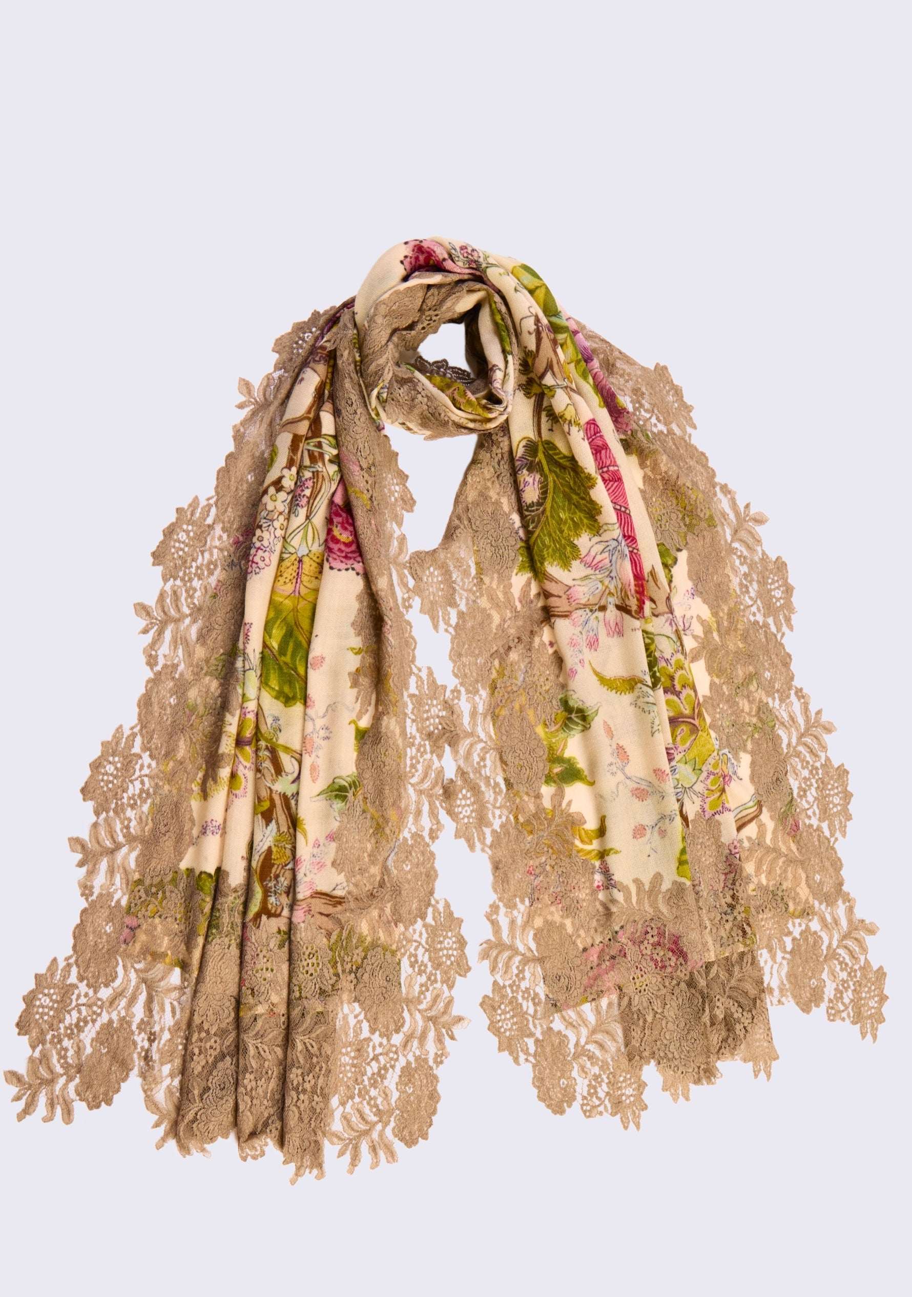 Maneesha Ruia multi-colored Jacobean print wool and silk scarf with natural lace, luxury designer floral scarf