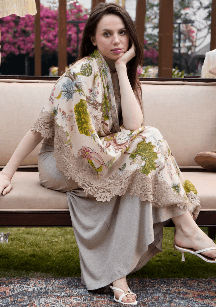 Maneesha Ruia multi-colored Jacobean print wool and silk scarf with natural lace, luxury designer floral scarf