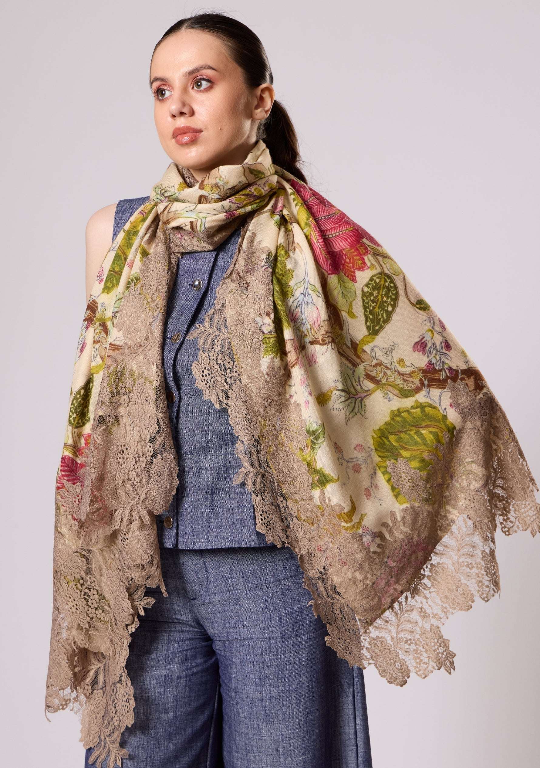 Maneesha Ruia multi-colored Jacobean print wool and silk scarf with natural lace, luxury designer floral scarf