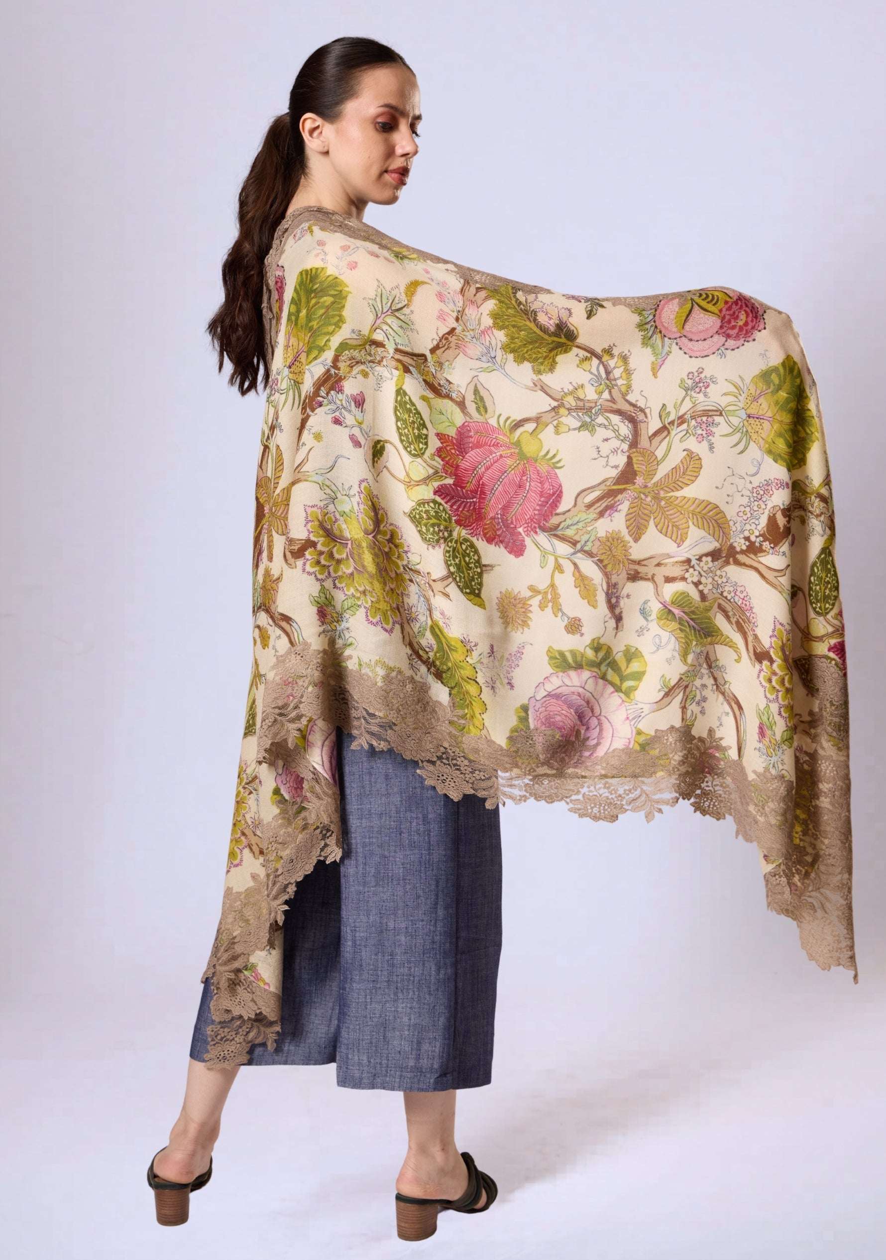Maneesha Ruia multi-colored Jacobean print wool and silk scarf with natural lace, luxury designer floral scarf