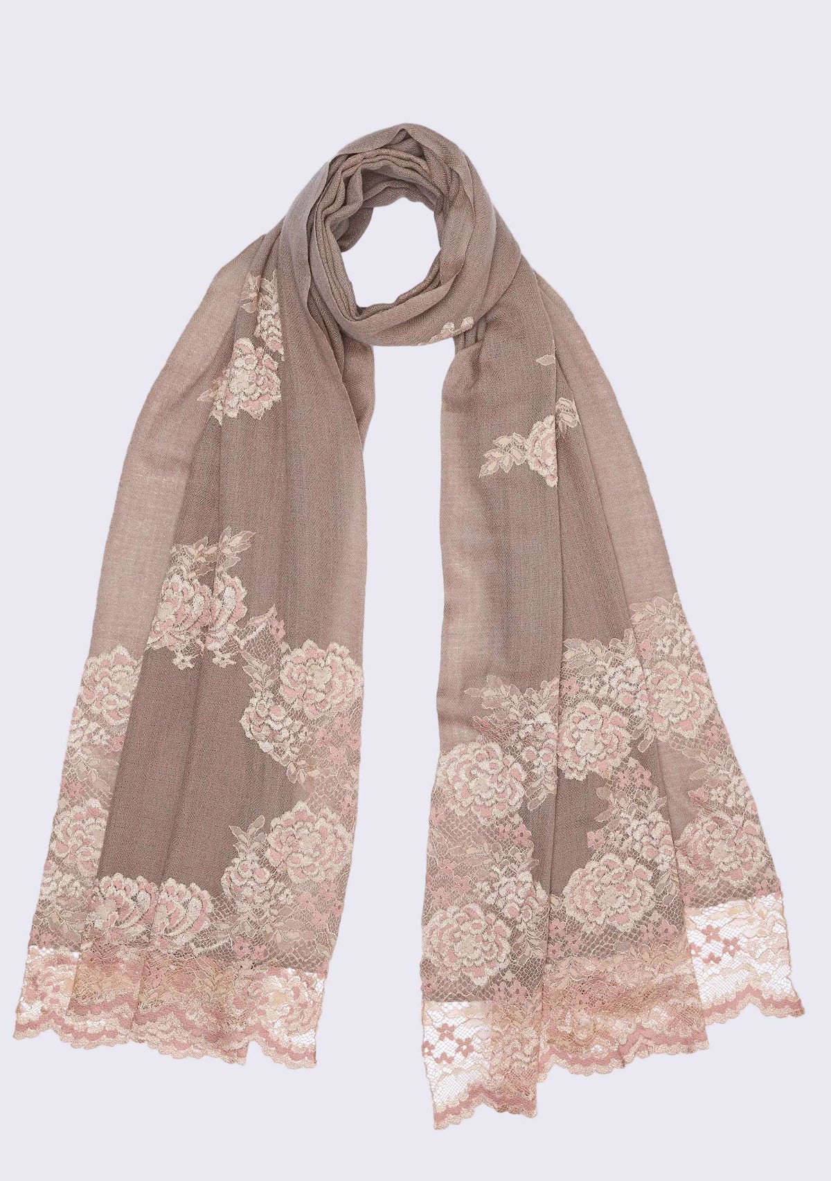 Natural Cashmere scarf with a floral lace pattern on a white background