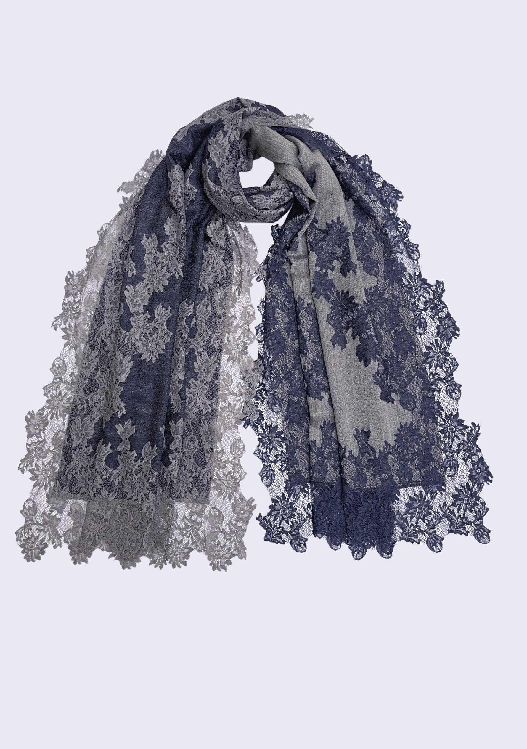 Gray and navy floral lace scarf on a light gray background