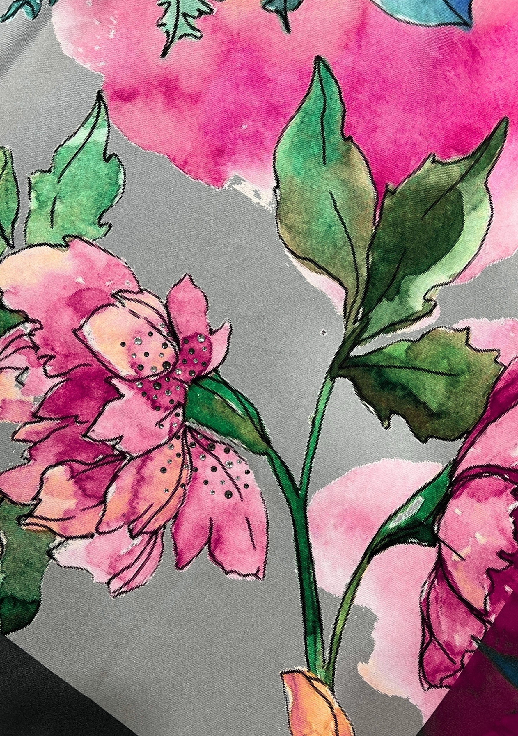 Close-up of the Maneesha Ruia Poppy Field Print Silk Twill Square Scarf with Gunmetal & Silver Swarovski Crystals, showcasing the luxurious silk twill fabric, hand-painted floral print, and crystal embellishments.