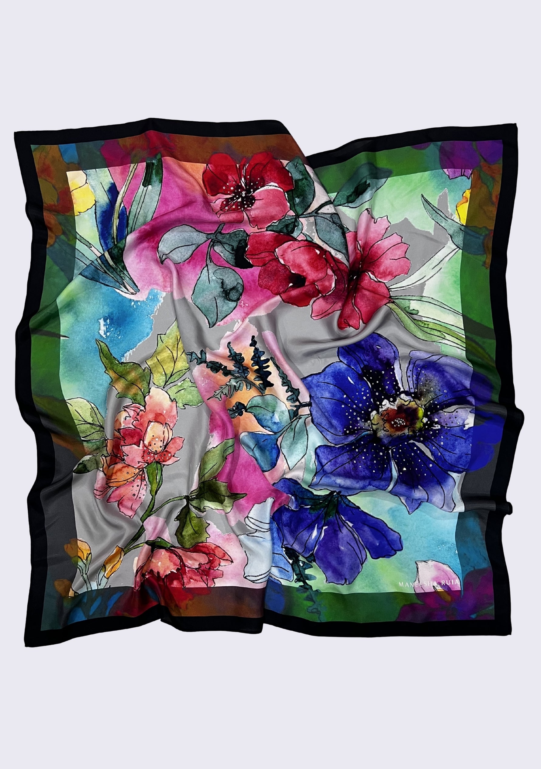 Maneesha Ruia Poppy Field Print Silk Twill Square Scarf with Gunmetal & Silver Swarovski Crystals featuring a vibrant hand-painted floral print on luxurious silk twill.