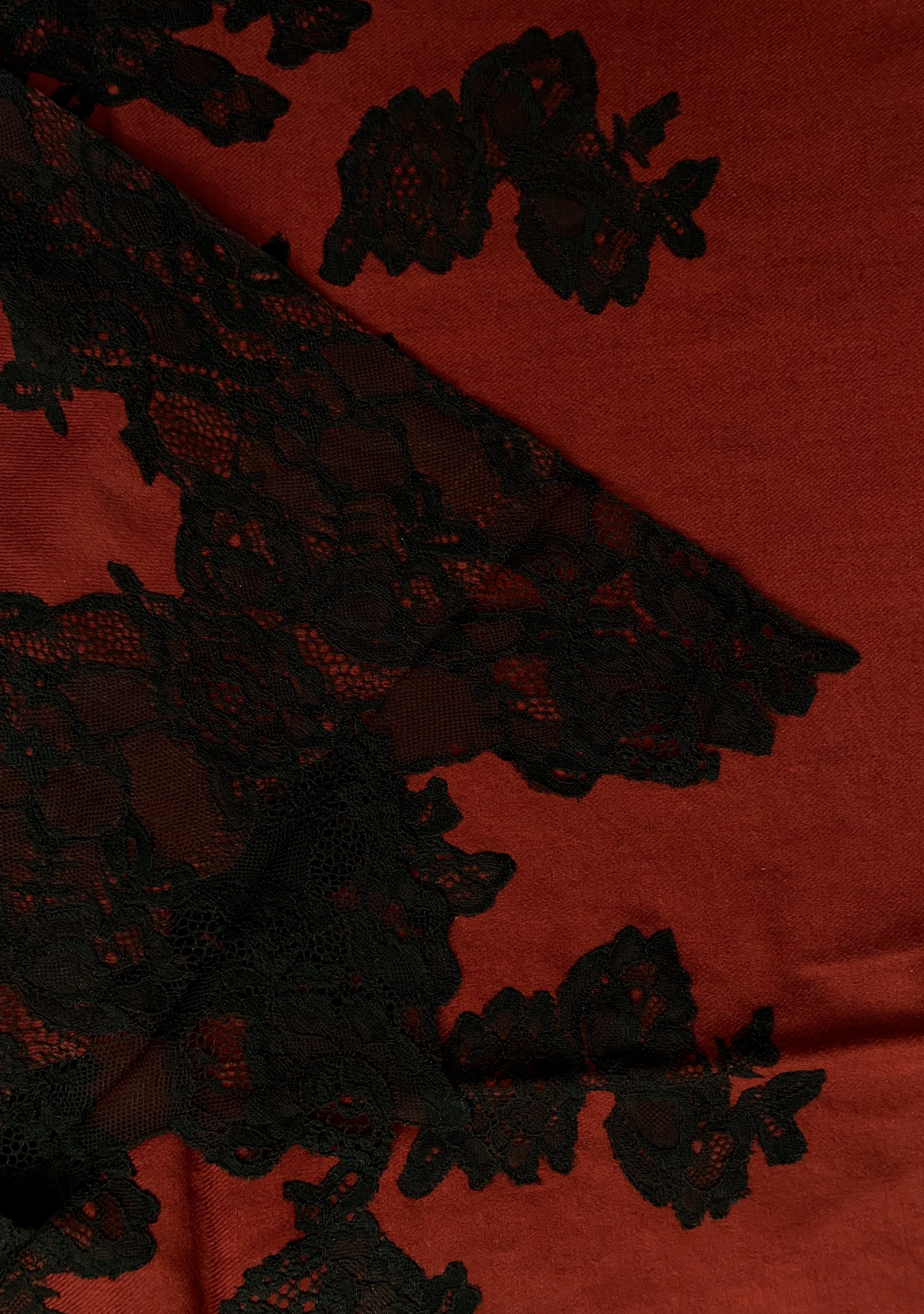 Burgundy Wool and Silk Scarf with Black Floral Lace