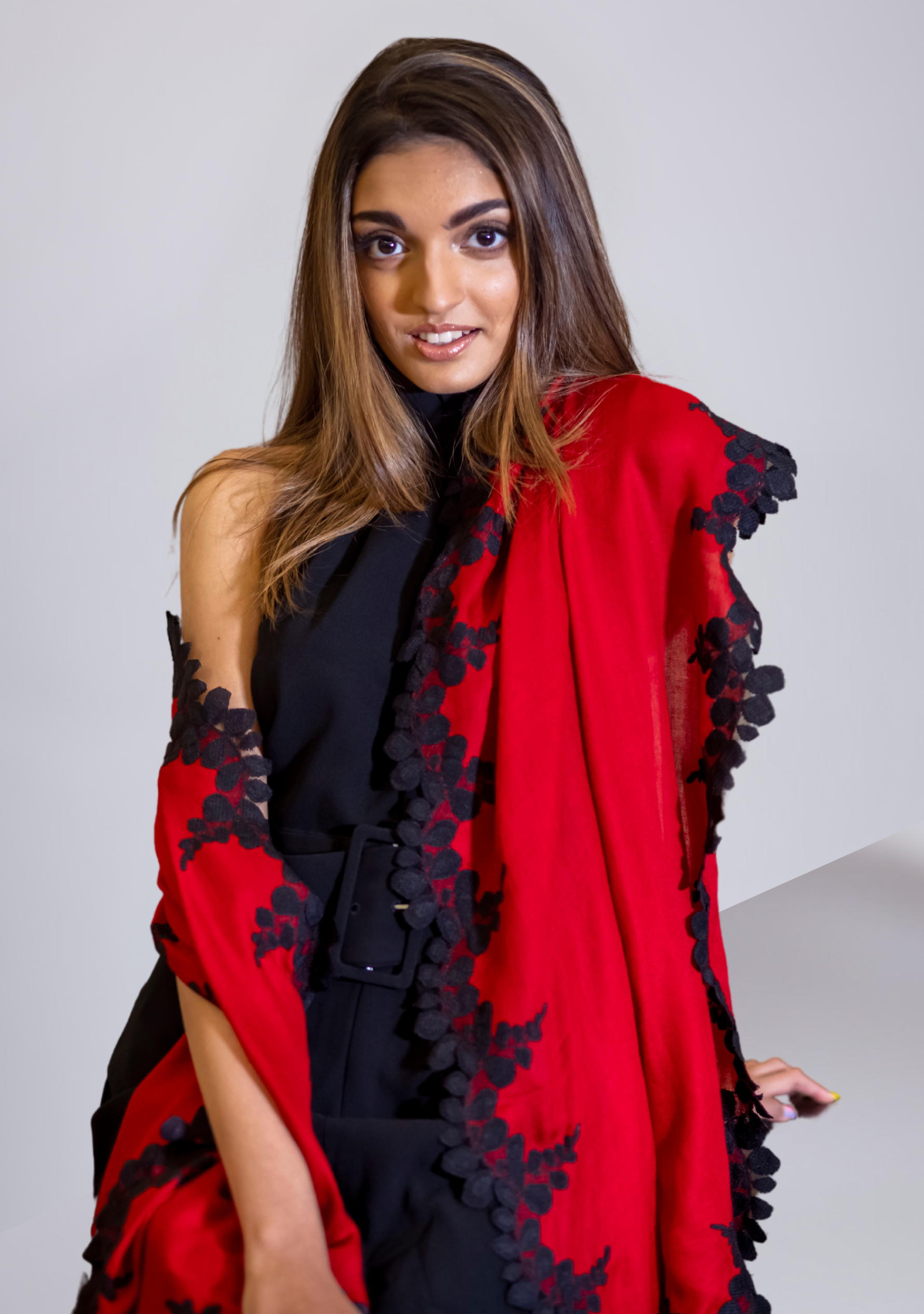 Red Silk and Wool Scarf with a Black Scalloped Lace Border