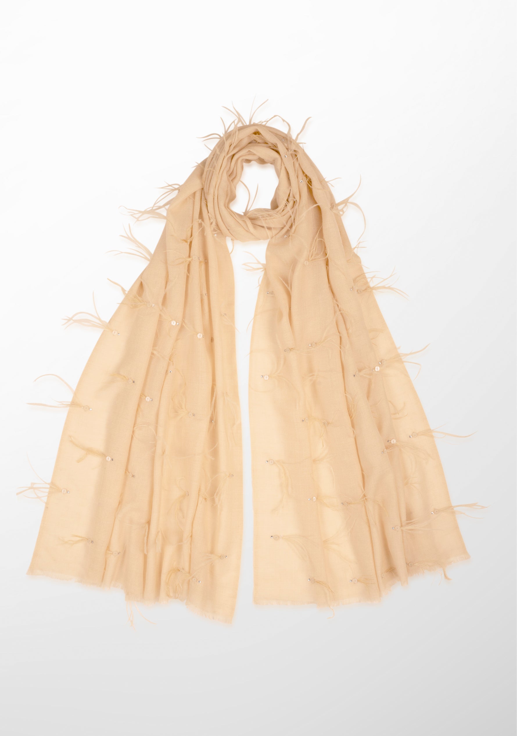 Beige Cashmere Scarf with Biege Ostrich Feathers and Silver Swarovski