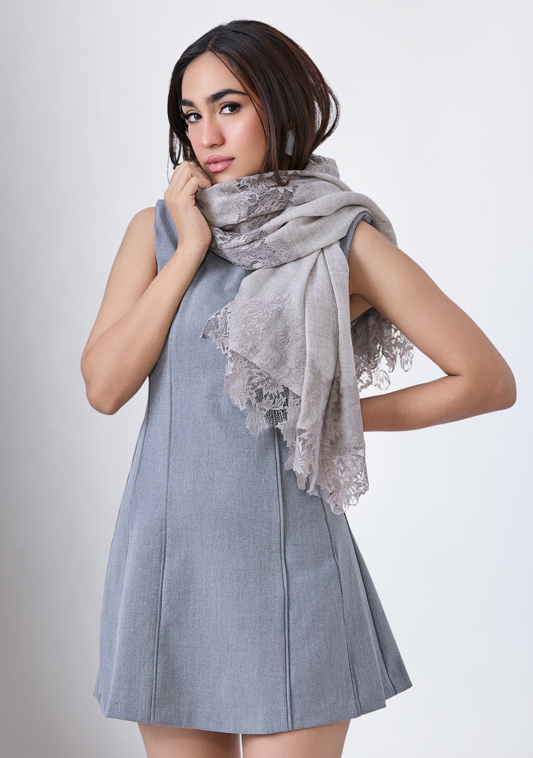 Taupe Melange Wool and Silk Scarf with Dk. Taupe Floral Lace Panels