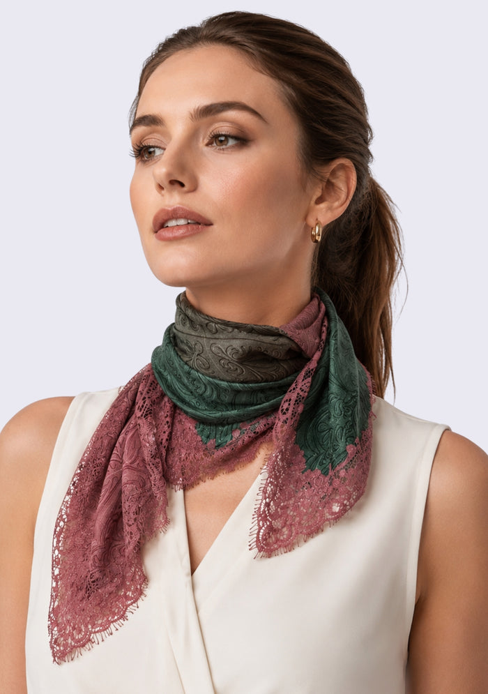 Maneesha Ruia Sage Green Pink Ombré Silk Square Scarf — embossed silk twill with blush pink lace border