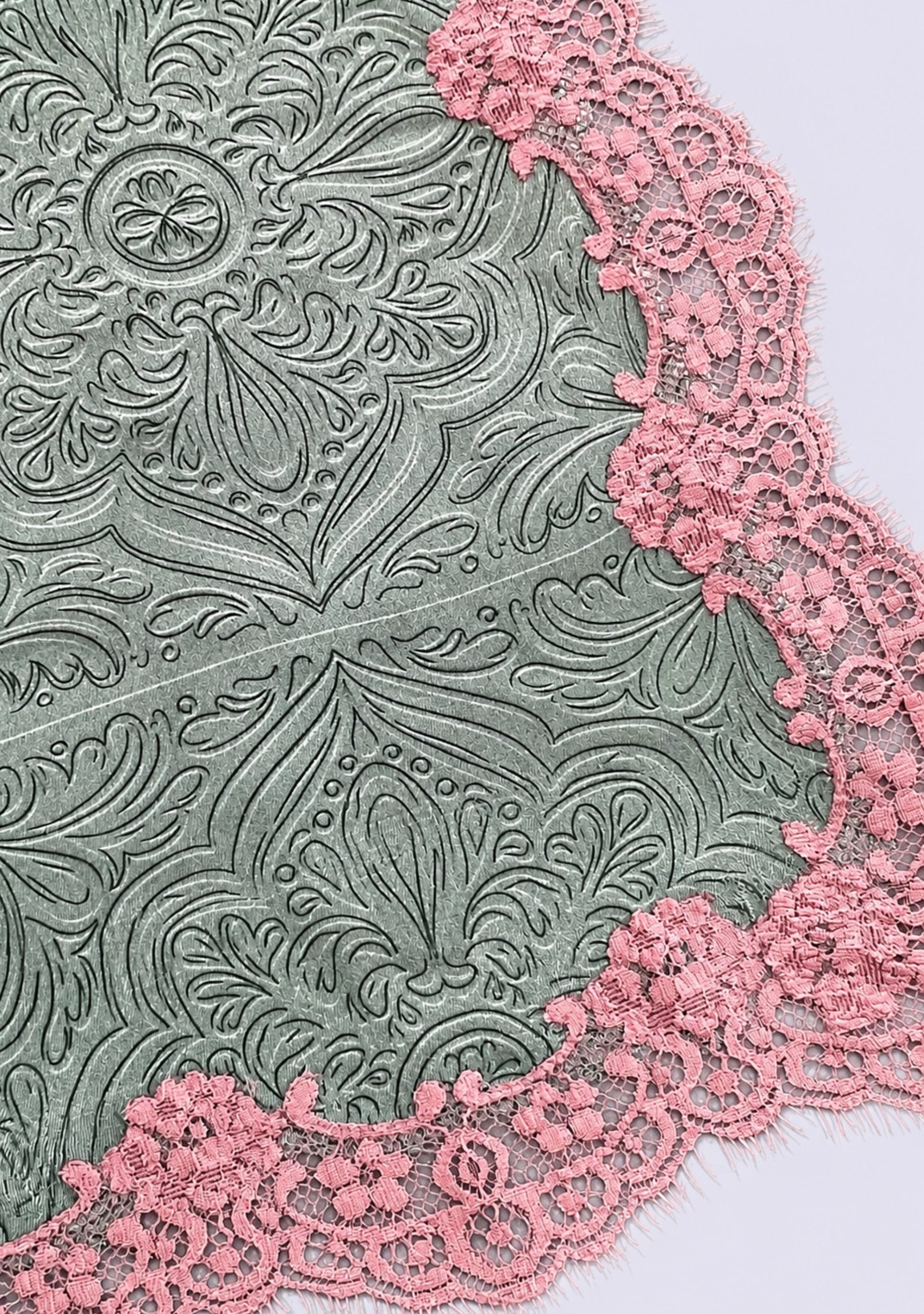 Maneesha Ruia Sage Green Pink Ombré Silk Square Scarf — embossed silk twill with blush pink lace border