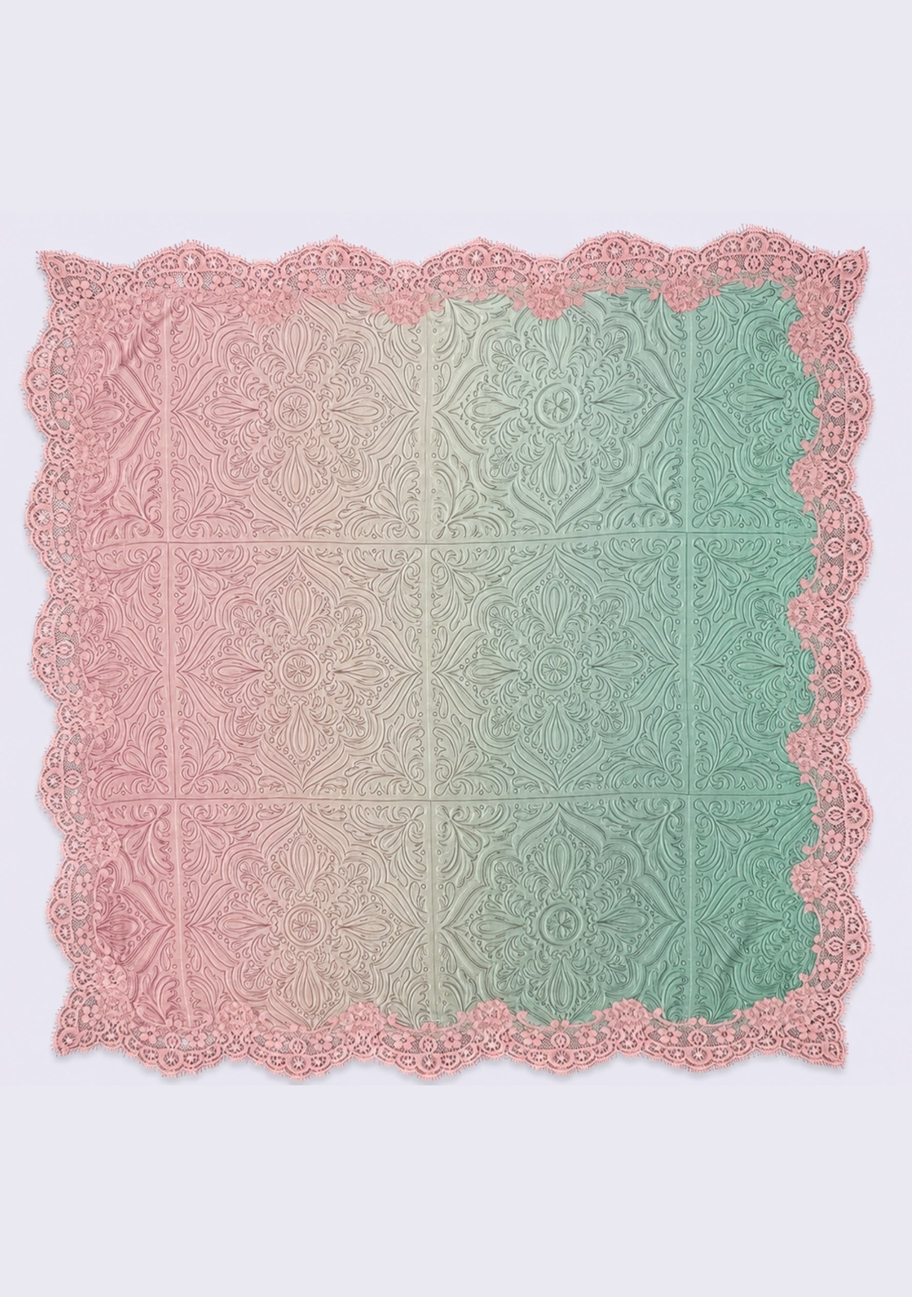Maneesha Ruia Sage Green Pink Ombré Silk Square Scarf — embossed silk twill with blush pink lace border