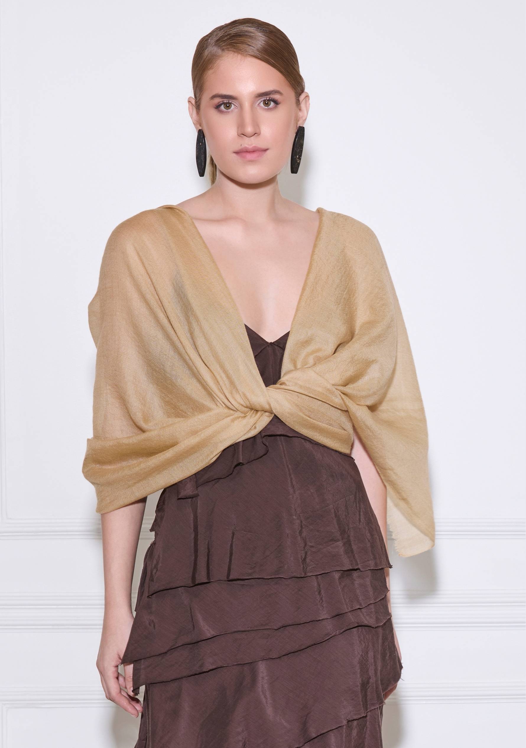 Maneesha Ruia sand superfine cashmere pashmina scarf, luxury designer scarf for women