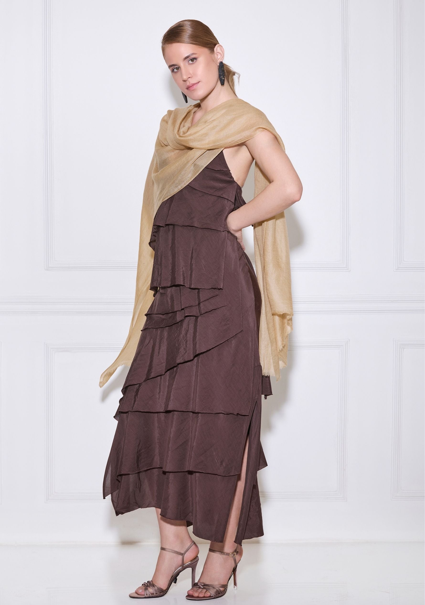 Maneesha Ruia sand superfine cashmere pashmina scarf, luxury designer scarf for women