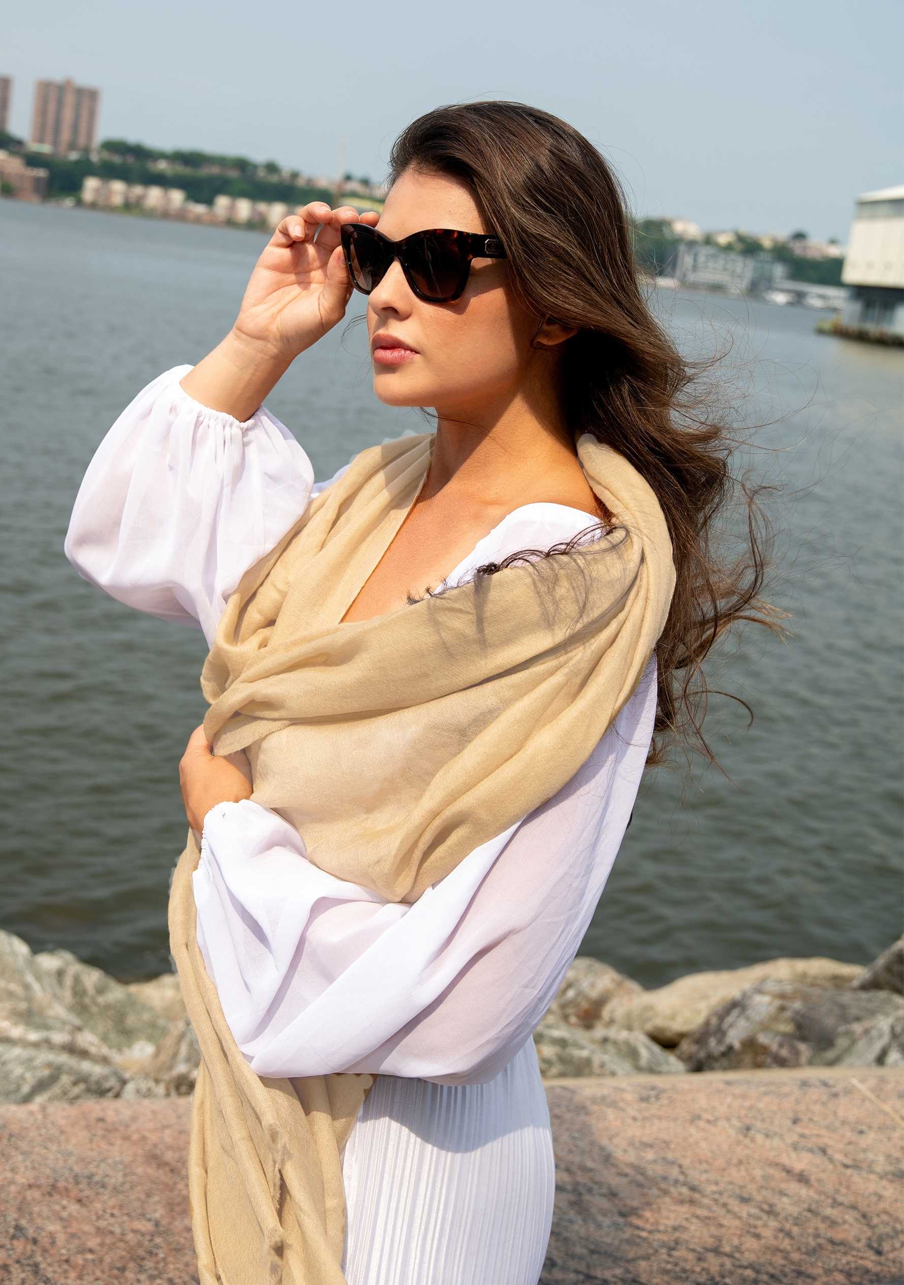 Maneesha Ruia sand superfine cashmere pashmina scarf, luxury designer scarf for women