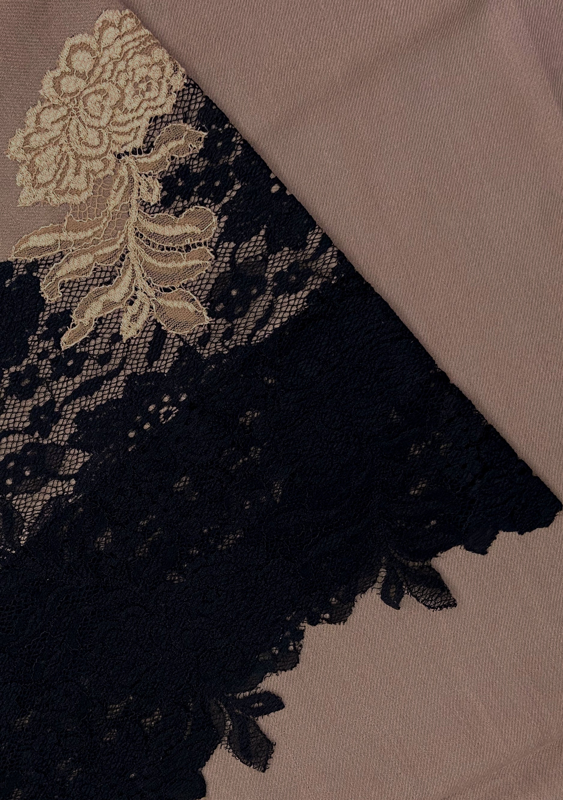 Natural Wool and Silk Scarf with a Black and DK. Gold Double Color Floral Lace Border