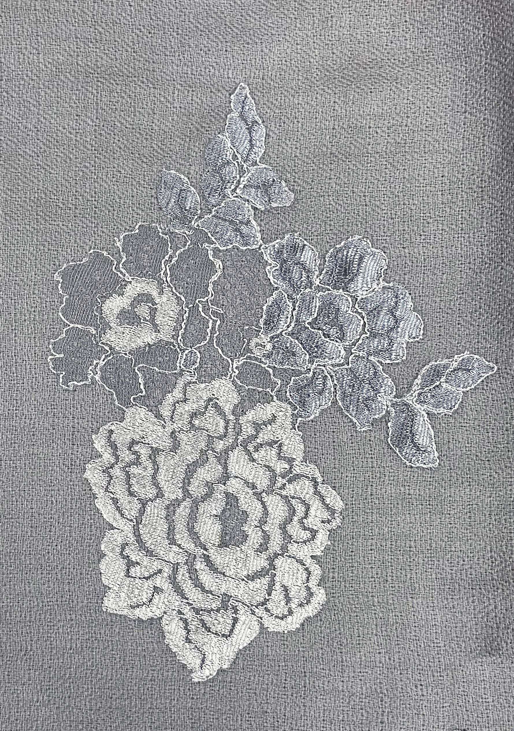Luxury silver gray cashmere scarf with delicate light blue Chantilly floral lace. Soft, lightweight designer cashmere wrap with intricate handcrafted lace, perfect for weddings, evening wear, formal occasions, and timeless luxury styling.