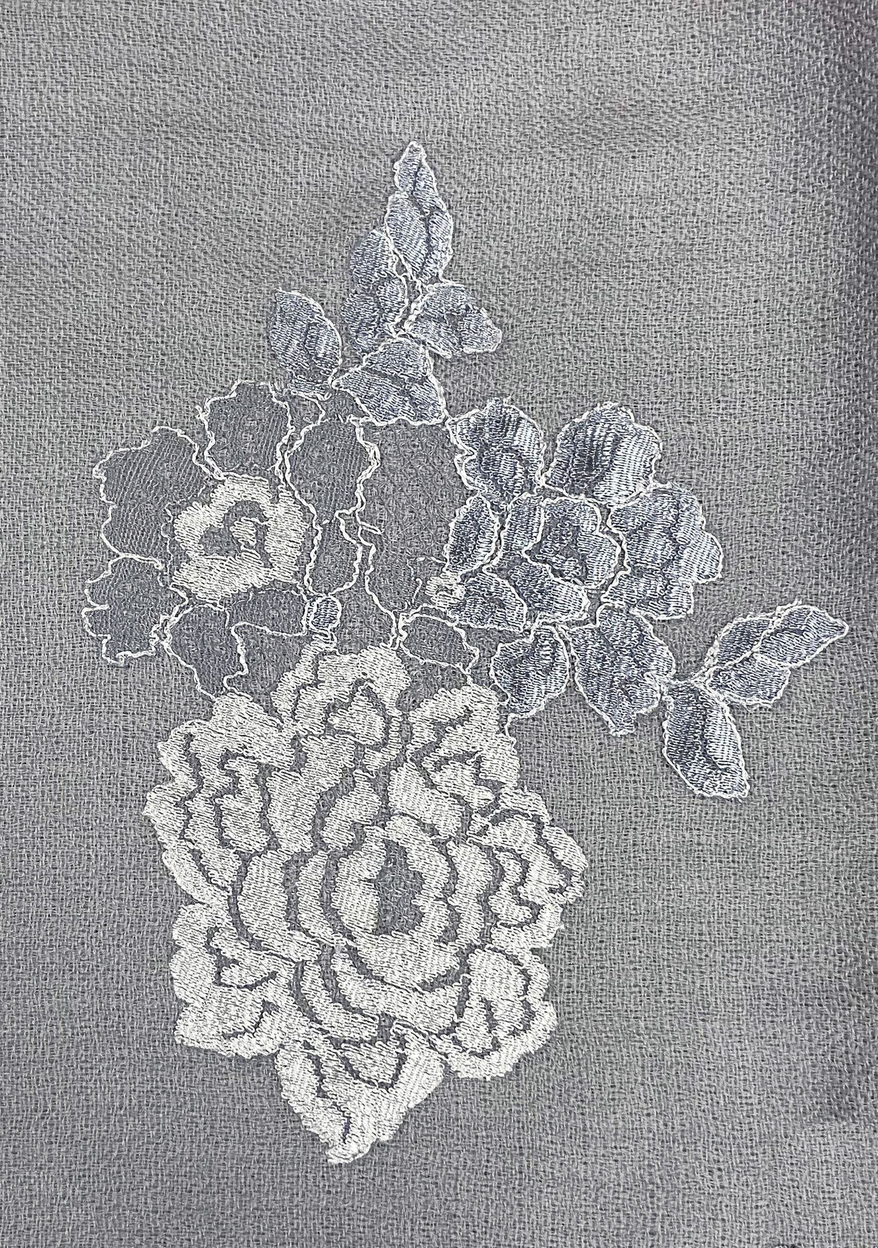 Luxury silver gray cashmere scarf with delicate light blue Chantilly floral lace. Soft, lightweight designer cashmere wrap with intricate handcrafted lace, perfect for weddings, evening wear, formal occasions, and timeless luxury styling.