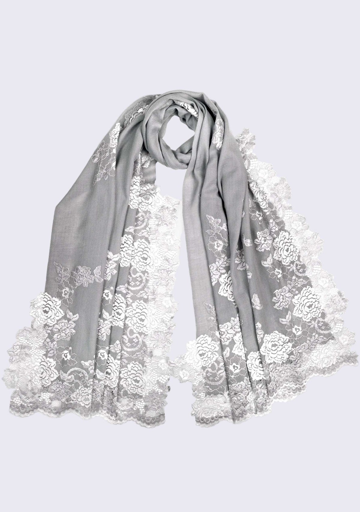 Luxury silver gray cashmere scarf with delicate light blue Chantilly floral lace. Soft, lightweight designer cashmere wrap with intricate handcrafted lace, perfect for weddings, evening wear, formal occasions, and timeless luxury styling