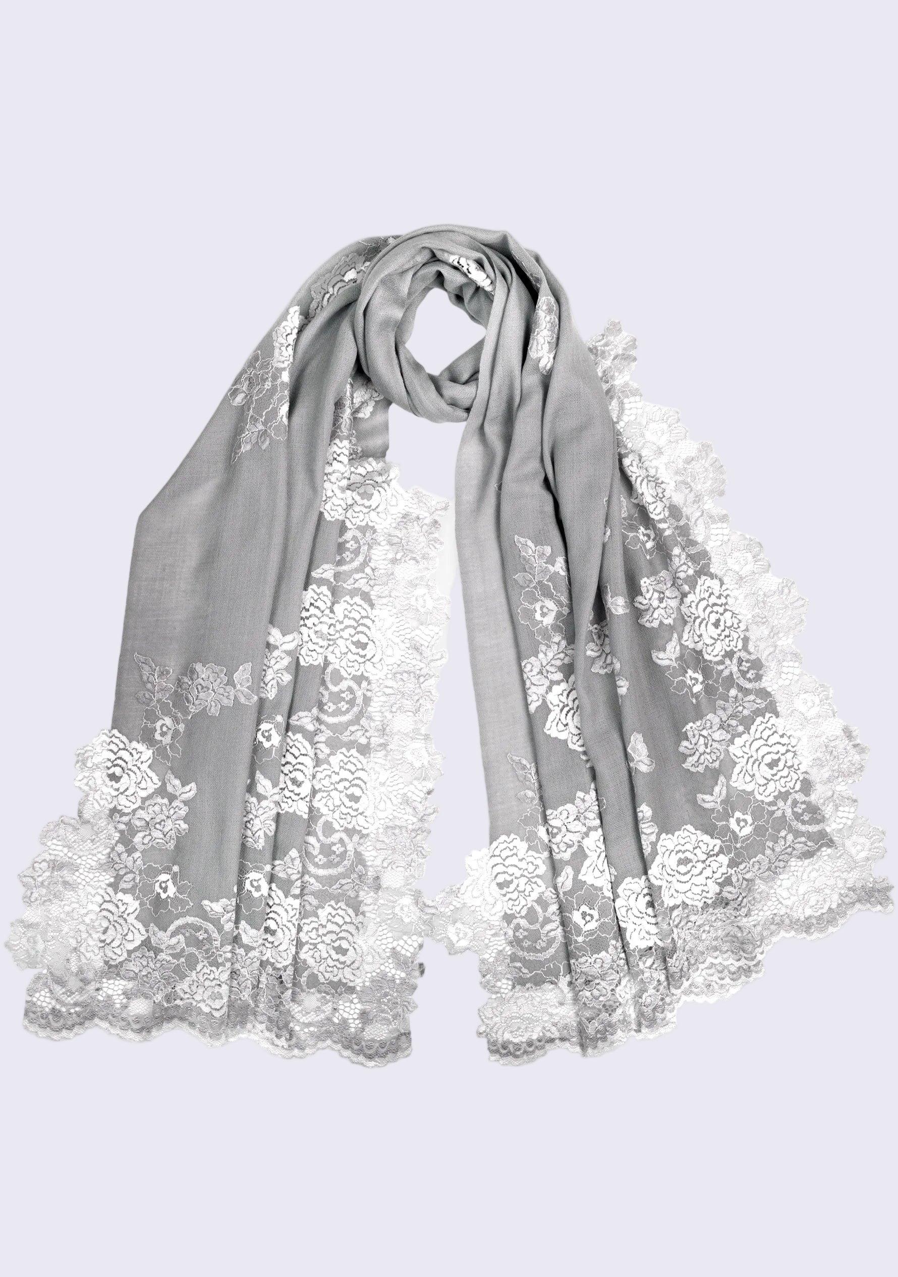 Luxury silver gray cashmere scarf with delicate light blue Chantilly floral lace. Soft, lightweight designer cashmere wrap with intricate handcrafted lace, perfect for weddings, evening wear, formal occasions, and timeless luxury styling