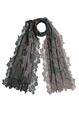 Dual Color Bottle Green and Taupe Reversible Wool and Silk Scarf with Dual Color Bottle Green and Taupe Floral Lace Application and Border