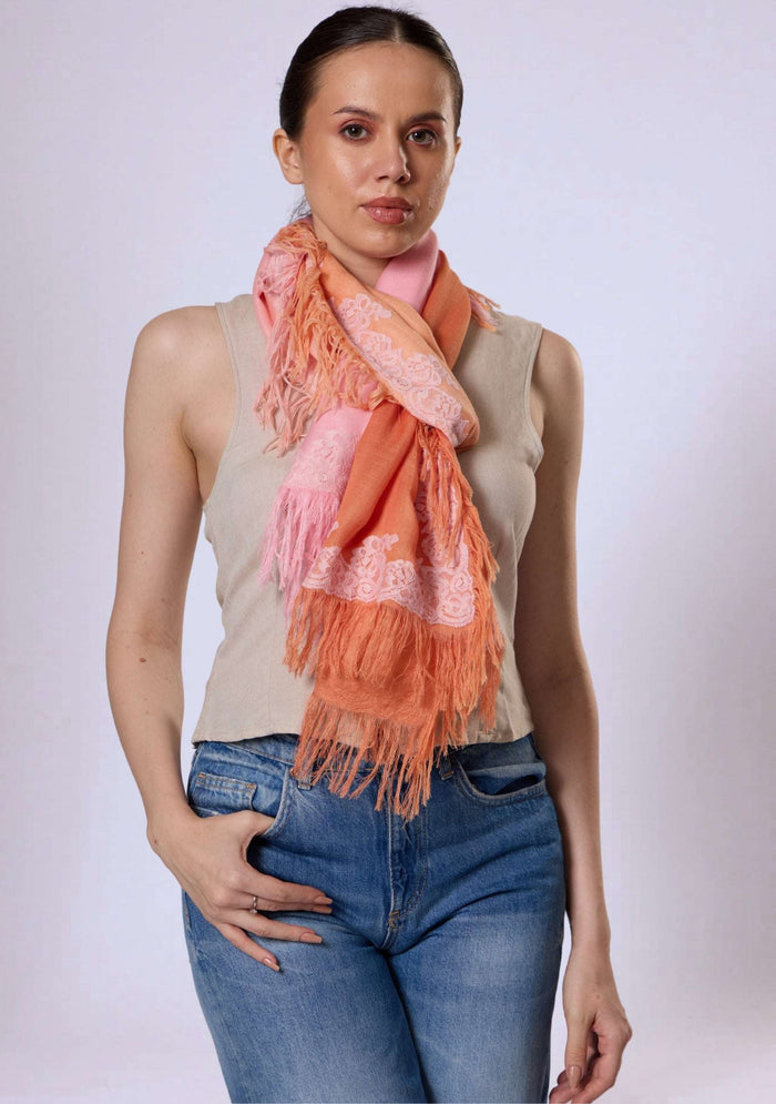 Maneesha Ruia Sunset Ombré Modal Cashmere Scarf — peach-to-pink gradient with geranium pink lace fringed edges