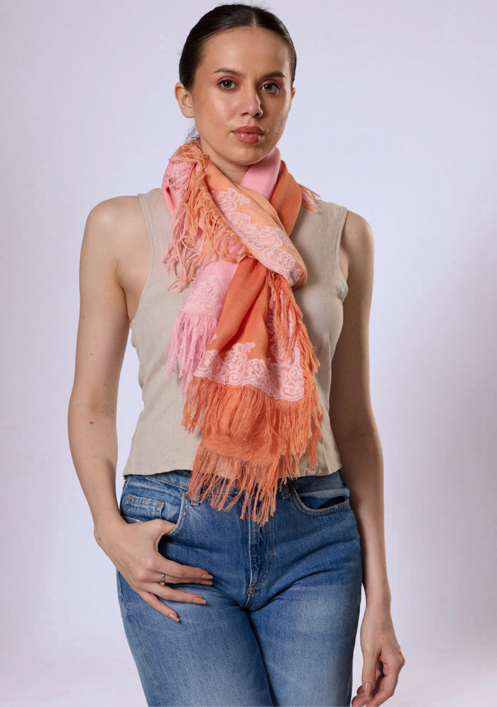 Maneesha Ruia Sunset Ombré Modal Cashmere Scarf — peach-to-pink gradient with geranium pink lace fringed edges