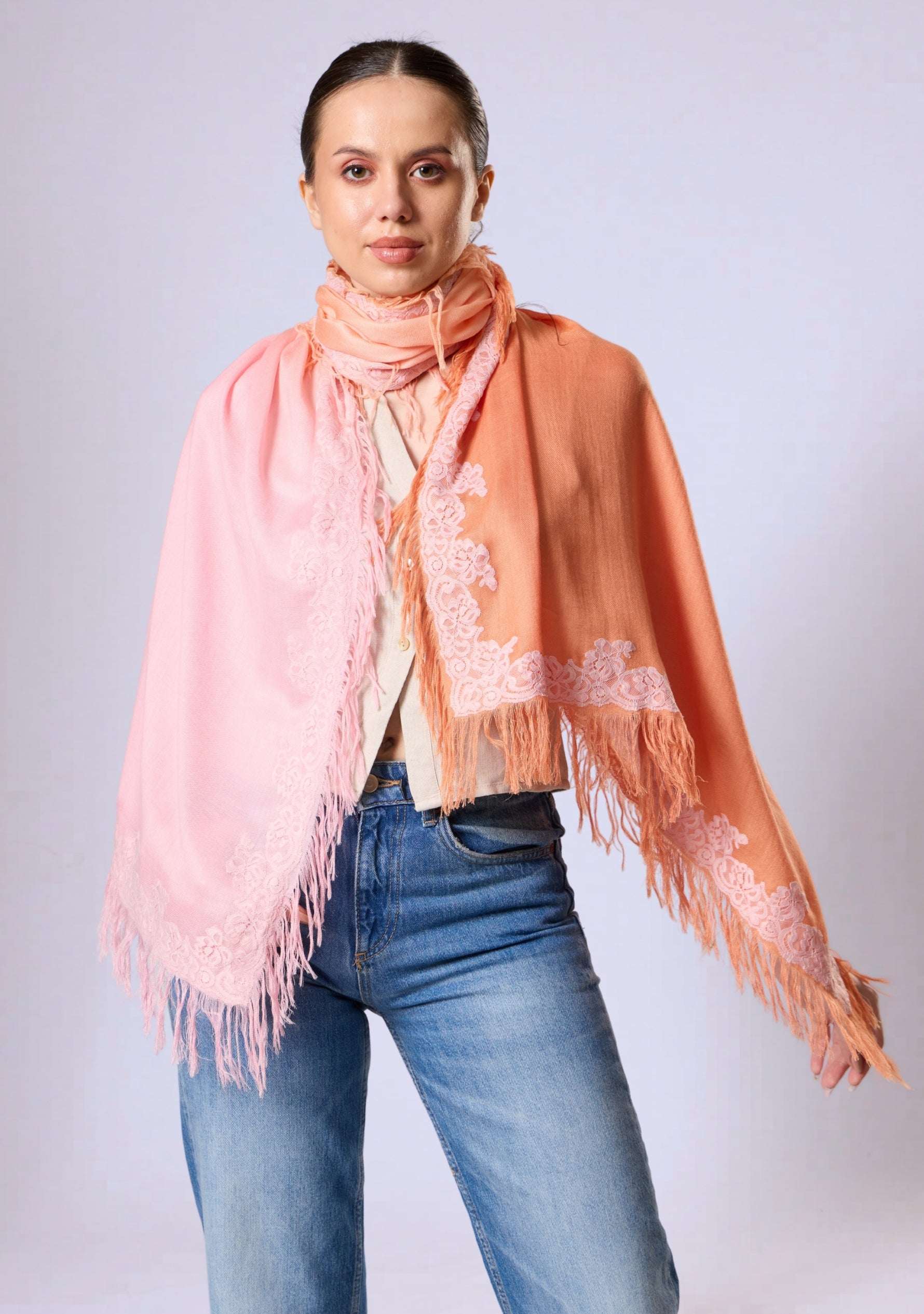 Maneesha Ruia Sunset Ombré Modal Cashmere Scarf — peach-to-pink gradient with geranium pink lace fringed edges