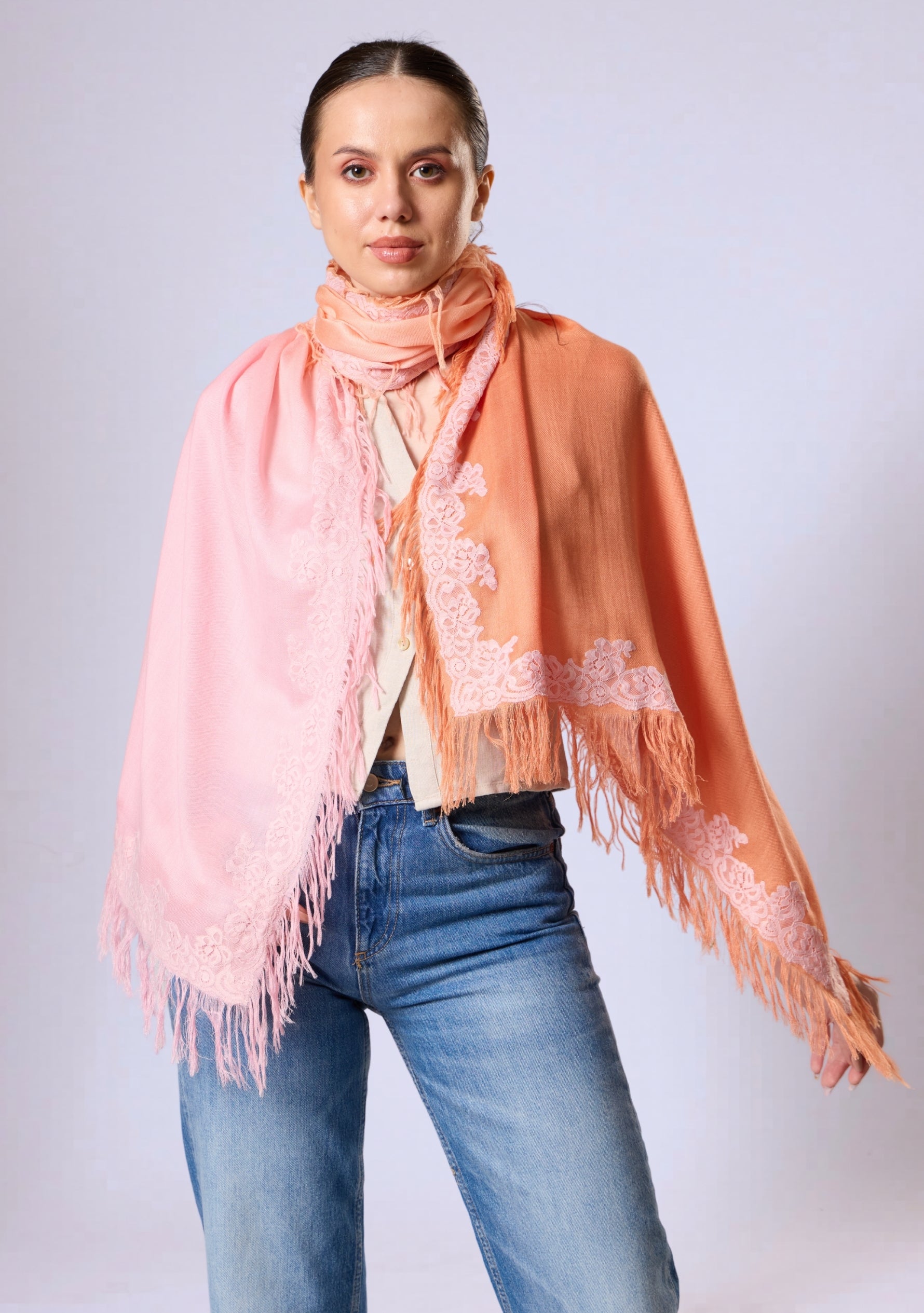 Maneesha Ruia Sunset Ombré Modal Cashmere Scarf — peach-to-pink gradient with geranium pink lace fringed edges