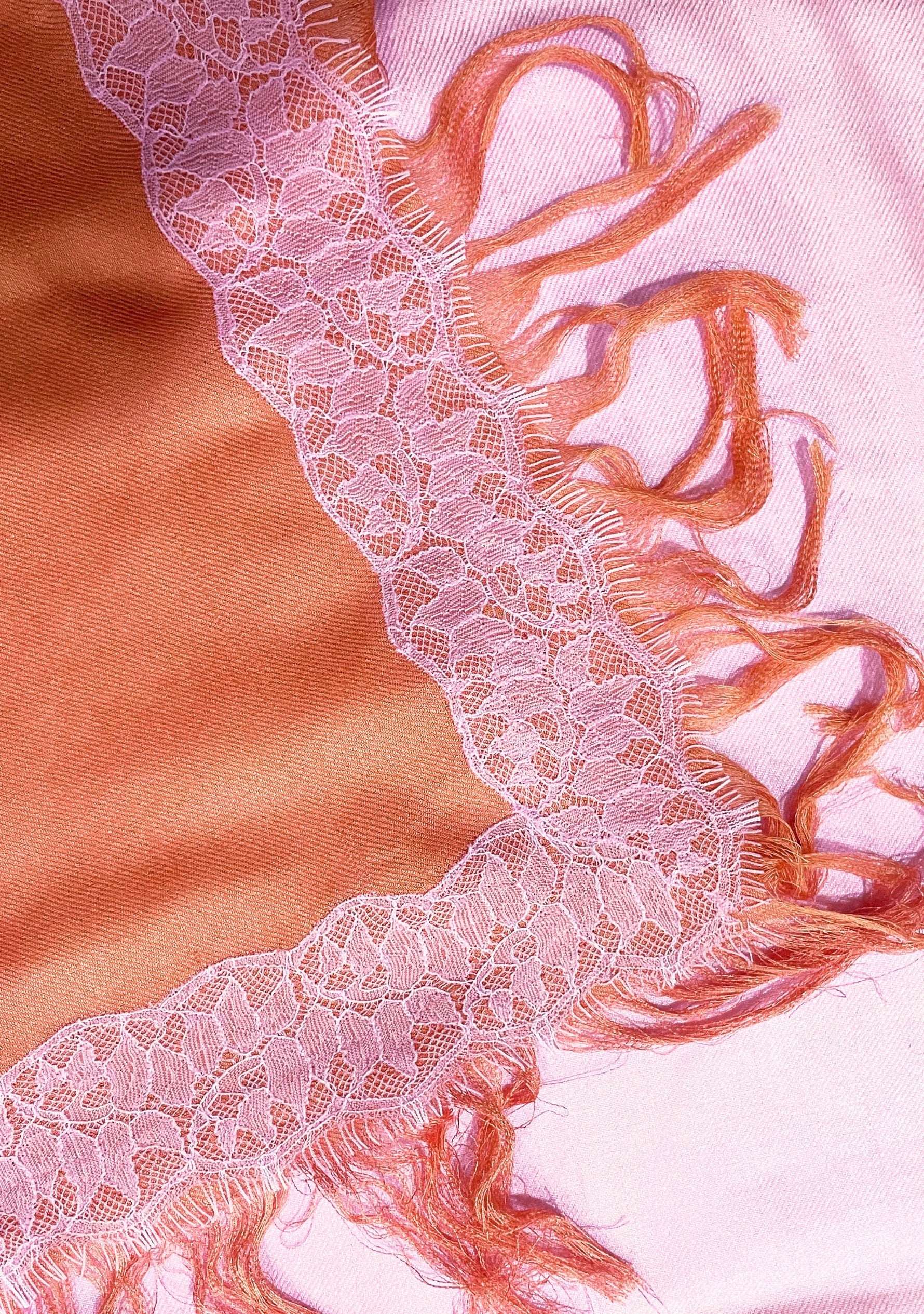 Maneesha Ruia Sunset Ombré Modal Cashmere Scarf - pink floral lace, peach-to-pink gradient, and fringed edges