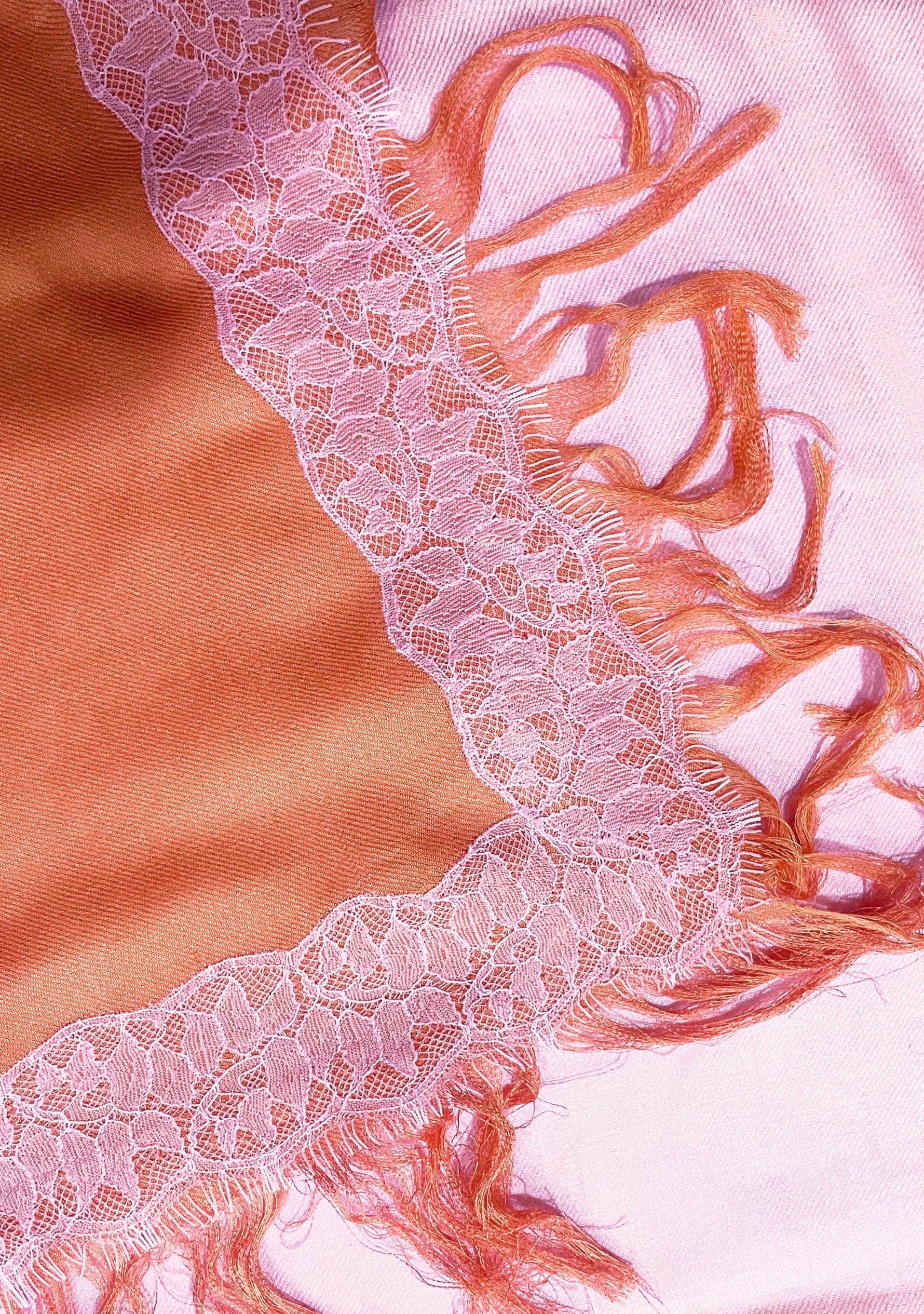 Maneesha Ruia Sunset Ombré Modal Cashmere Scarf - pink floral lace, peach-to-pink gradient, and fringed edges
