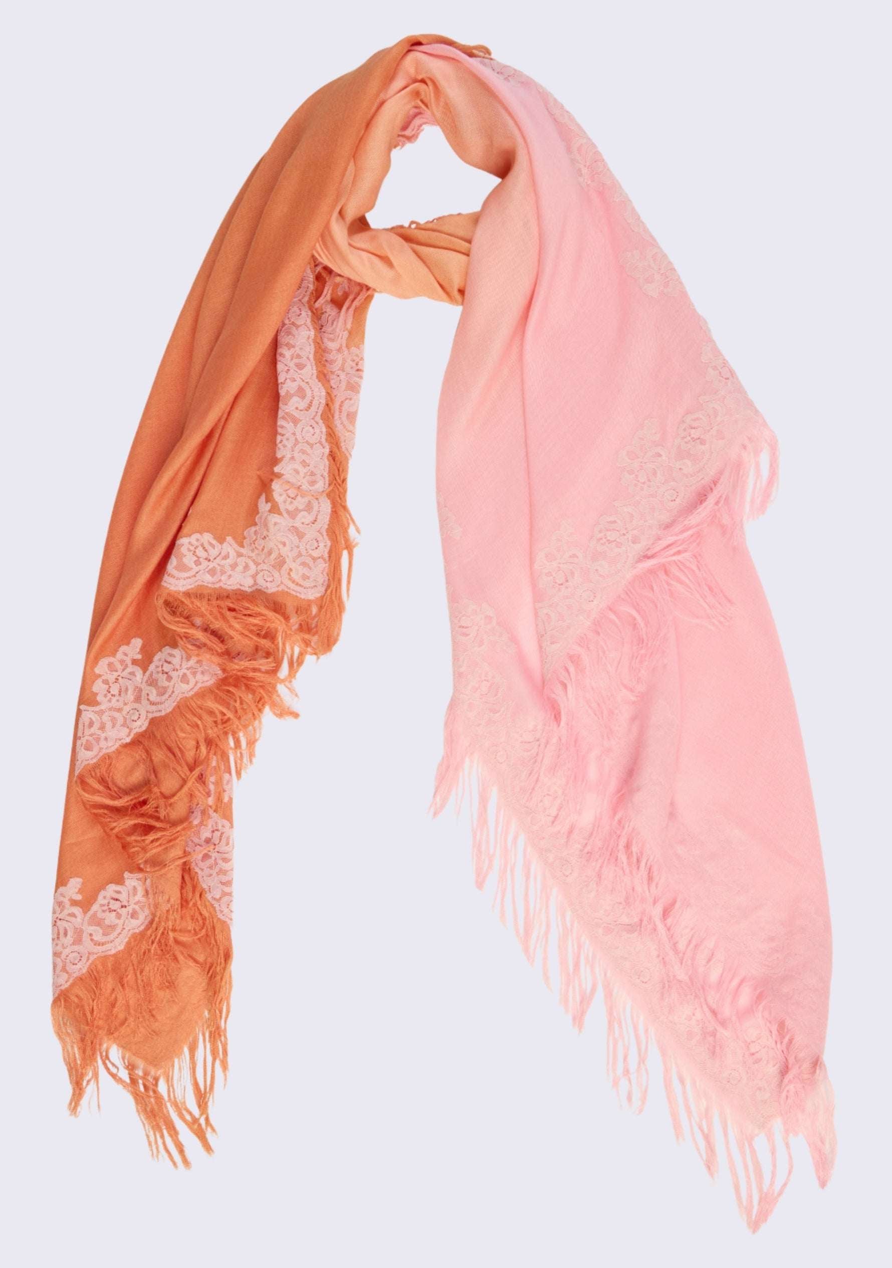 Maneesha Ruia Sunset Ombré Modal Cashmere Scarf — reversible peach-to-pink gradient with geranium pink lace fringes