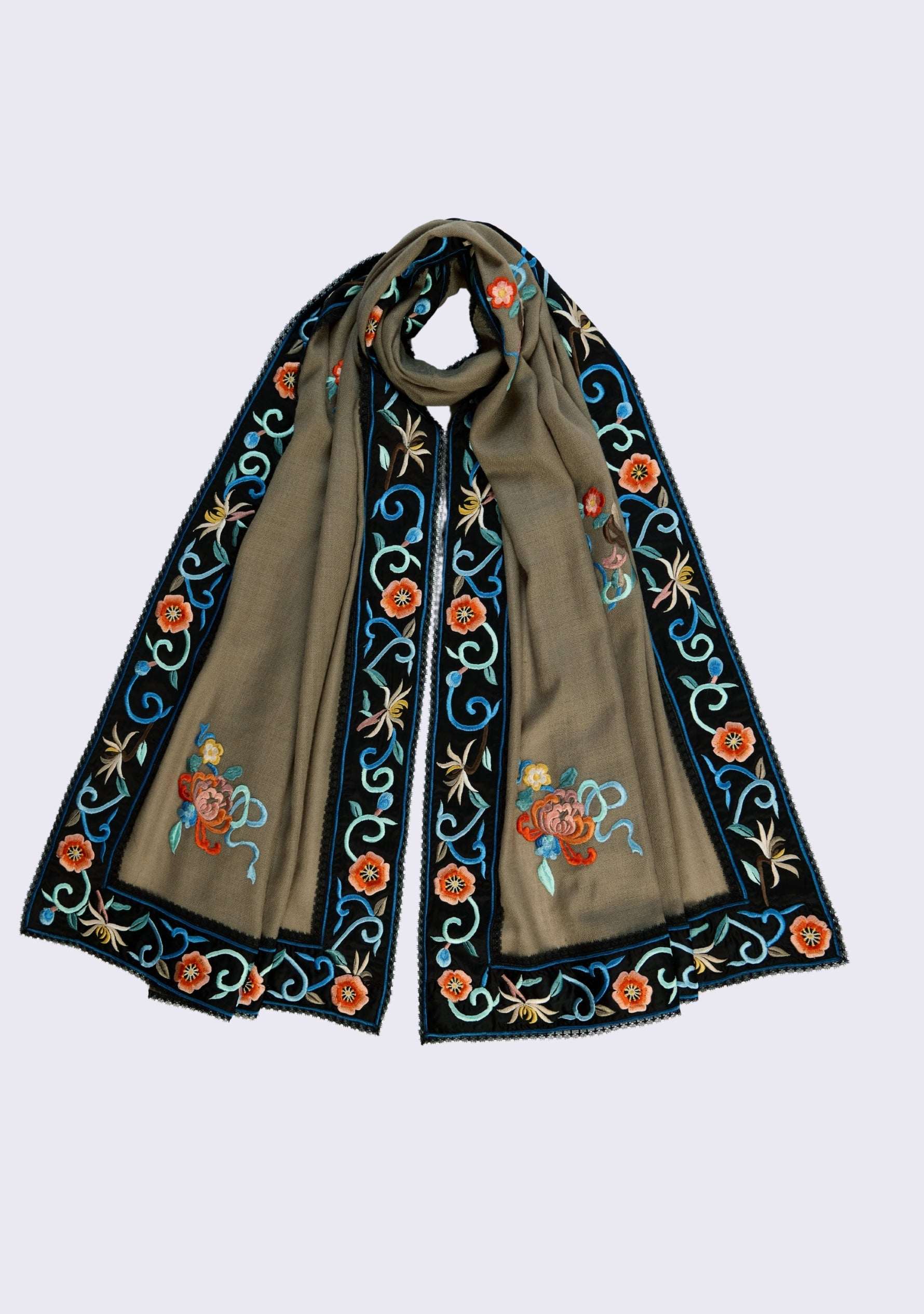 Embroidered scarf with floral patterns on a light gray background