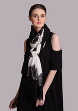 Ivory Silk And Wool Scarf with a Black 
 Floral Lace Border