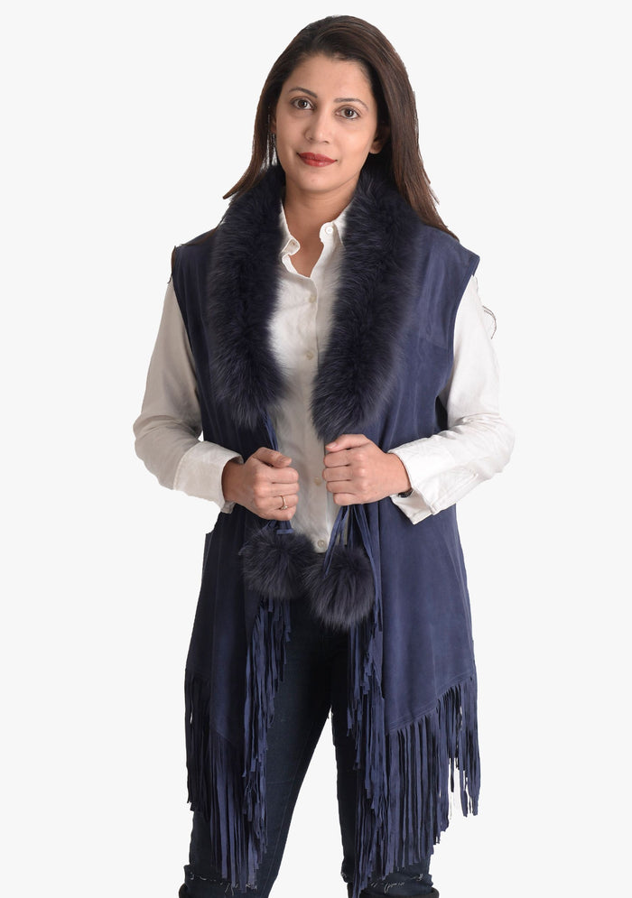 Navy Blue Suede Leather Sleeveless Jacket 
Navy Blue Fur & Tassels